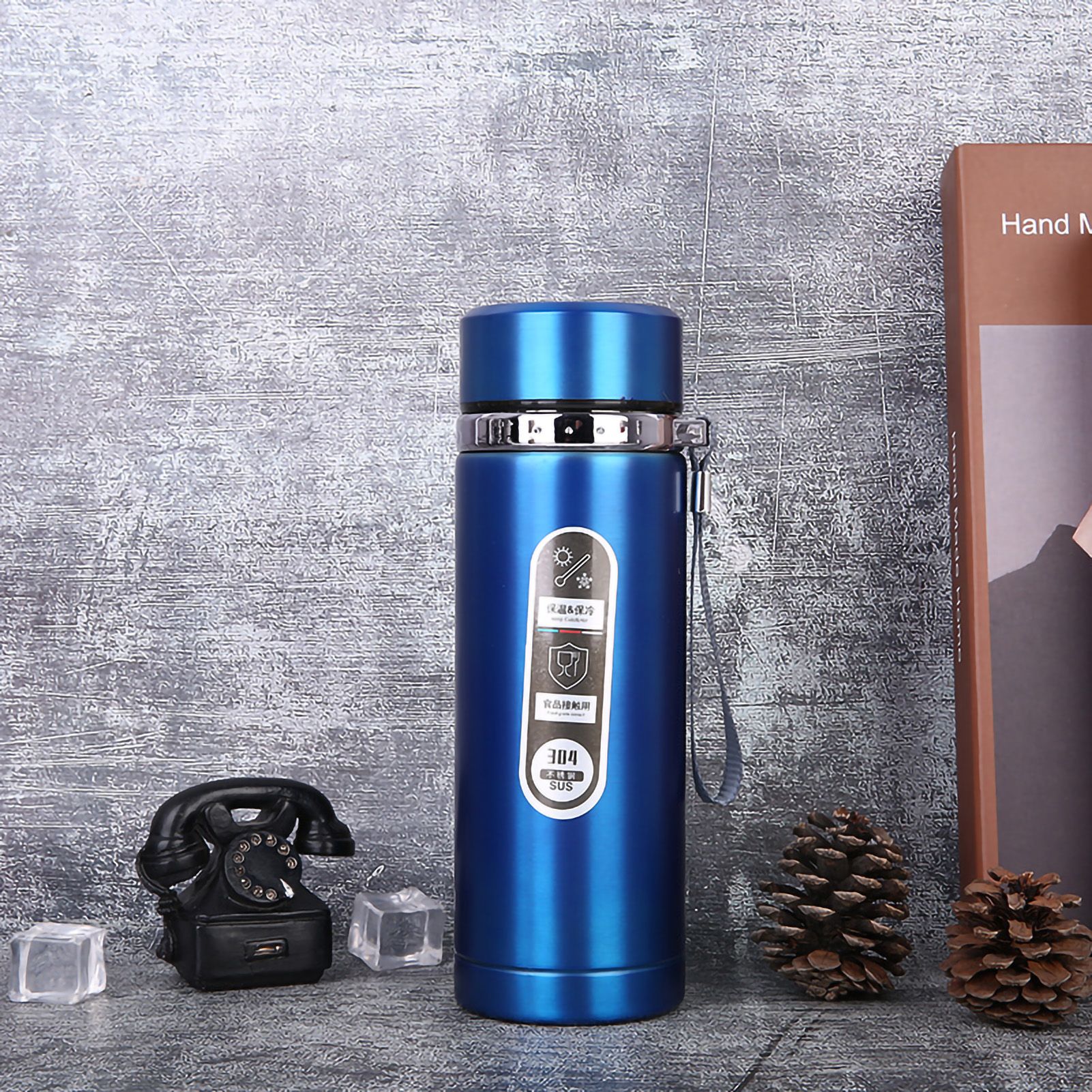 Vacuum Cup Stainless Steel Portable Large Mouth Insulated Bottle with Hand String for Business Travel Office Daily Blue 1000ml - Image 1