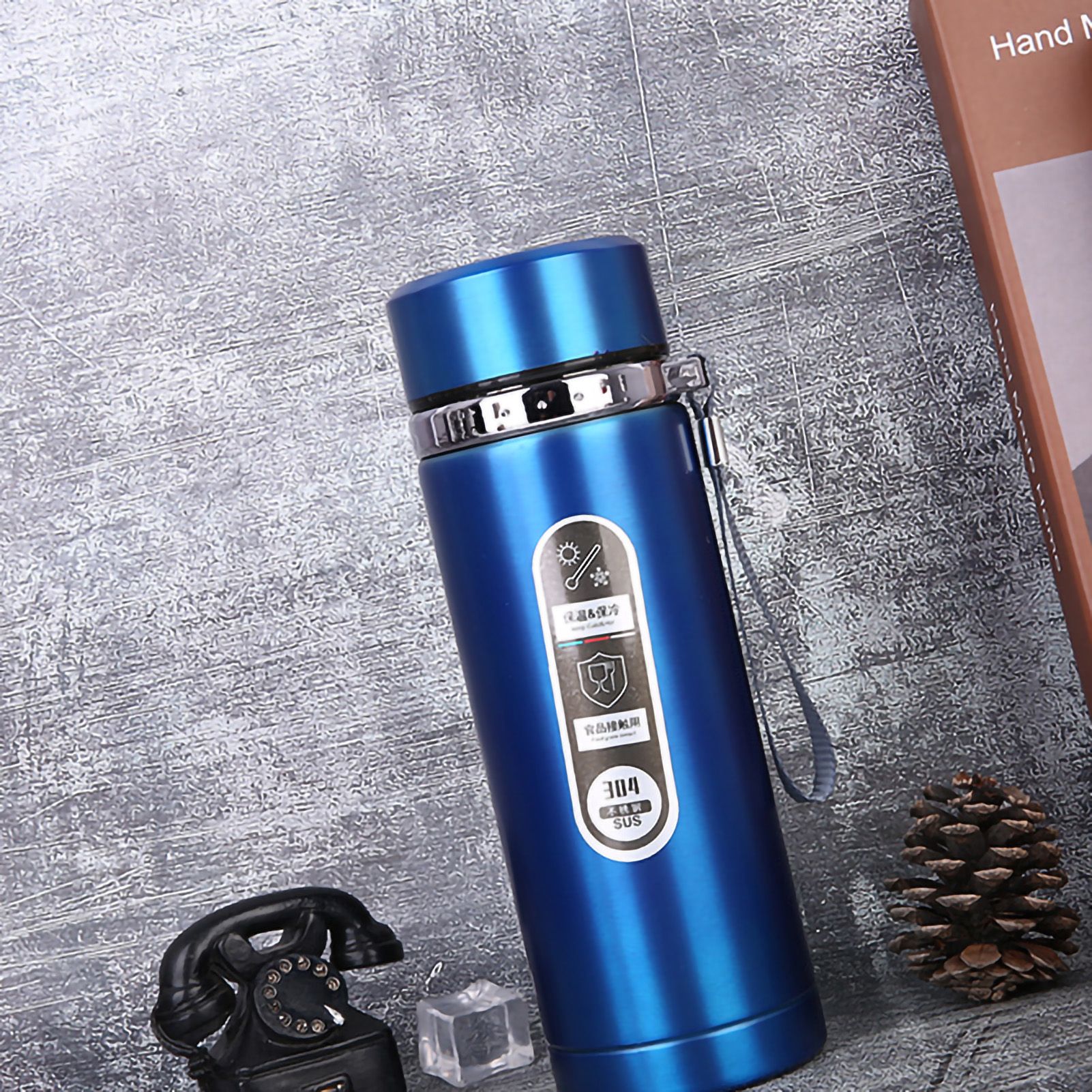 Vacuum Cup Stainless Steel Portable Large Mouth Insulated Bottle with Hand String for Business Travel Office Daily Blue 1000ml - Image 2