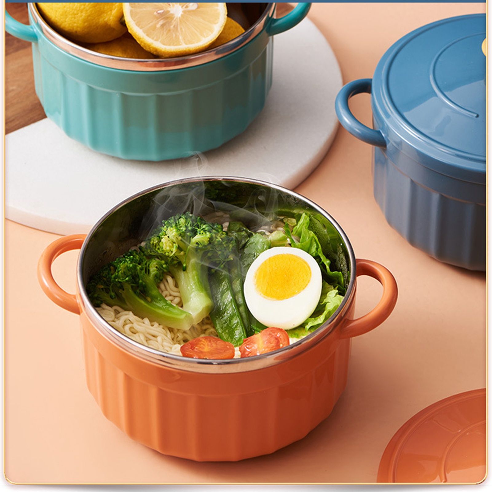 Noodles Bowl with Lid Binaural Noodles Bowl Home Dorm Student Covered Bowl Large Orange - Image 2