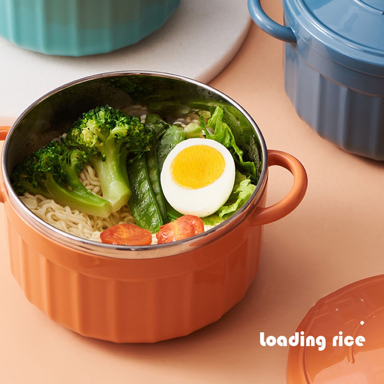 Noodles Bowl with Lid Binaural Noodles Bowl Home Dorm Student Covered Bowl Large Orange - Image 4