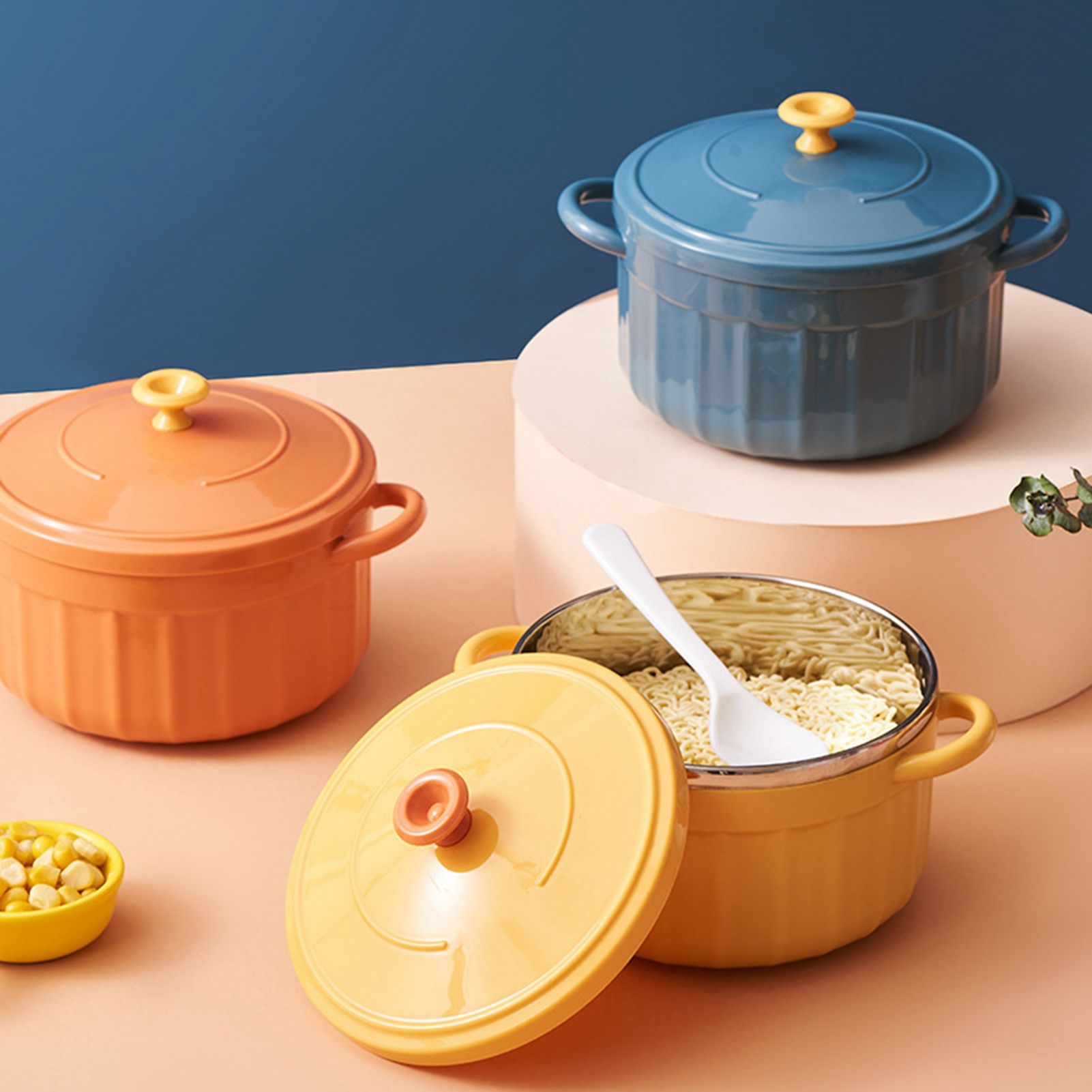 Noodles Bowl with Lid Binaural Noodles Bowl Home Dorm Student Covered Bowl Large Orange - Image 8