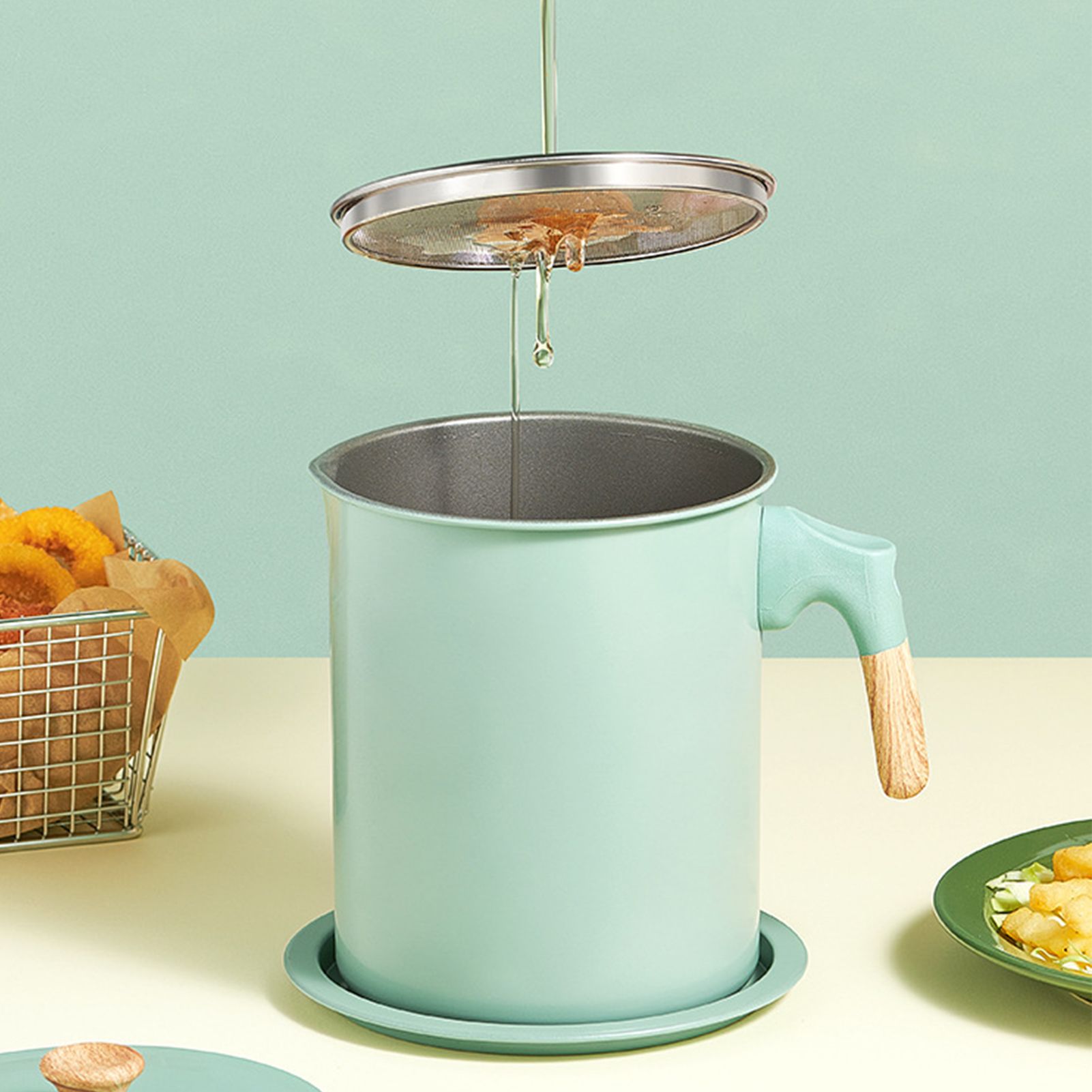 Oil Strainer Pot 1.4L Wood Grain Easy Operation No Rust Oil Storage Supplies Filter for Home Canteen Fruit Green - Image 4
