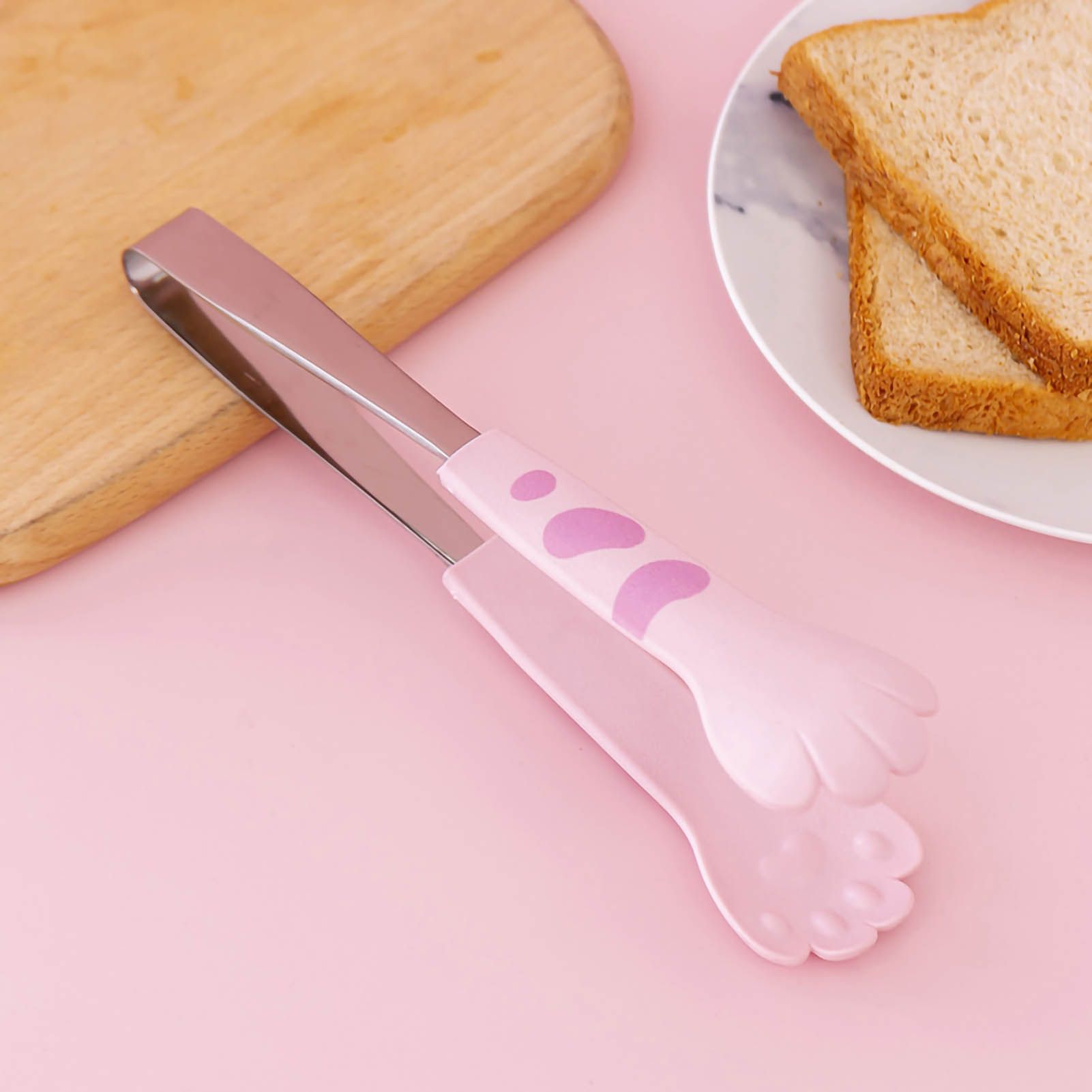 Kitchen Cooking Tong Cute Cat Paw Shape Stainless Steel Small Salad Barbecue Food Tong Pink M - Image 1