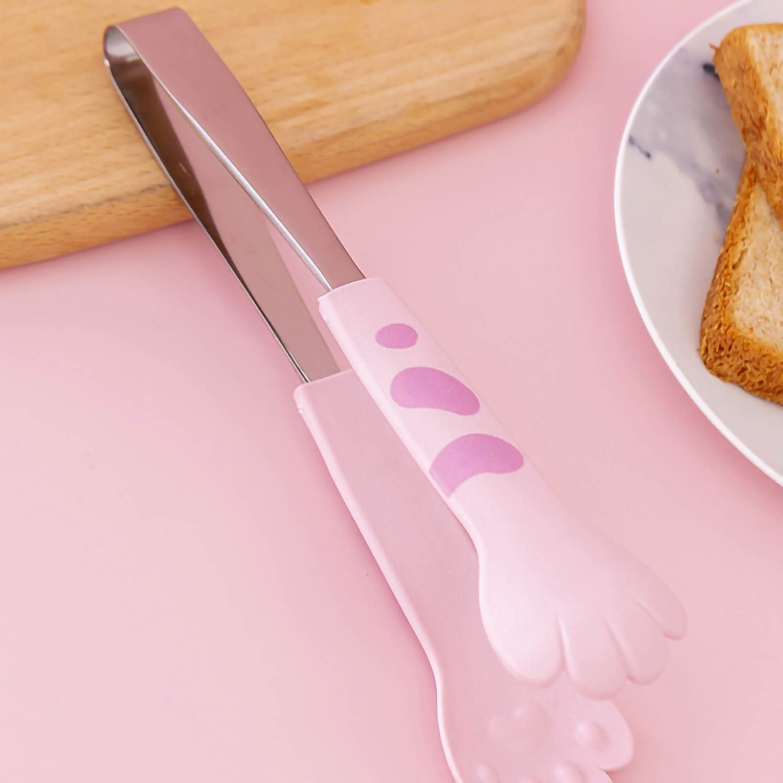 Kitchen Cooking Tong Cute Cat Paw Shape Stainless Steel Small Salad Barbecue Food Tong Pink M - Image 3