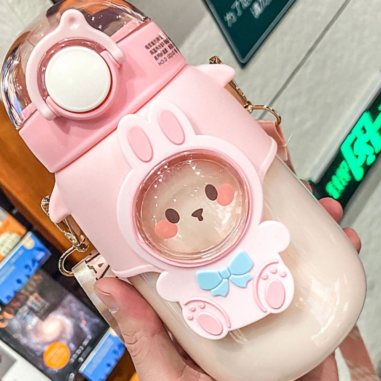 Soft Straw Drinking Cup Portable Plastic Sippy Cup Cartoon Pattern Water Bottle with Strap Pink - Image 3