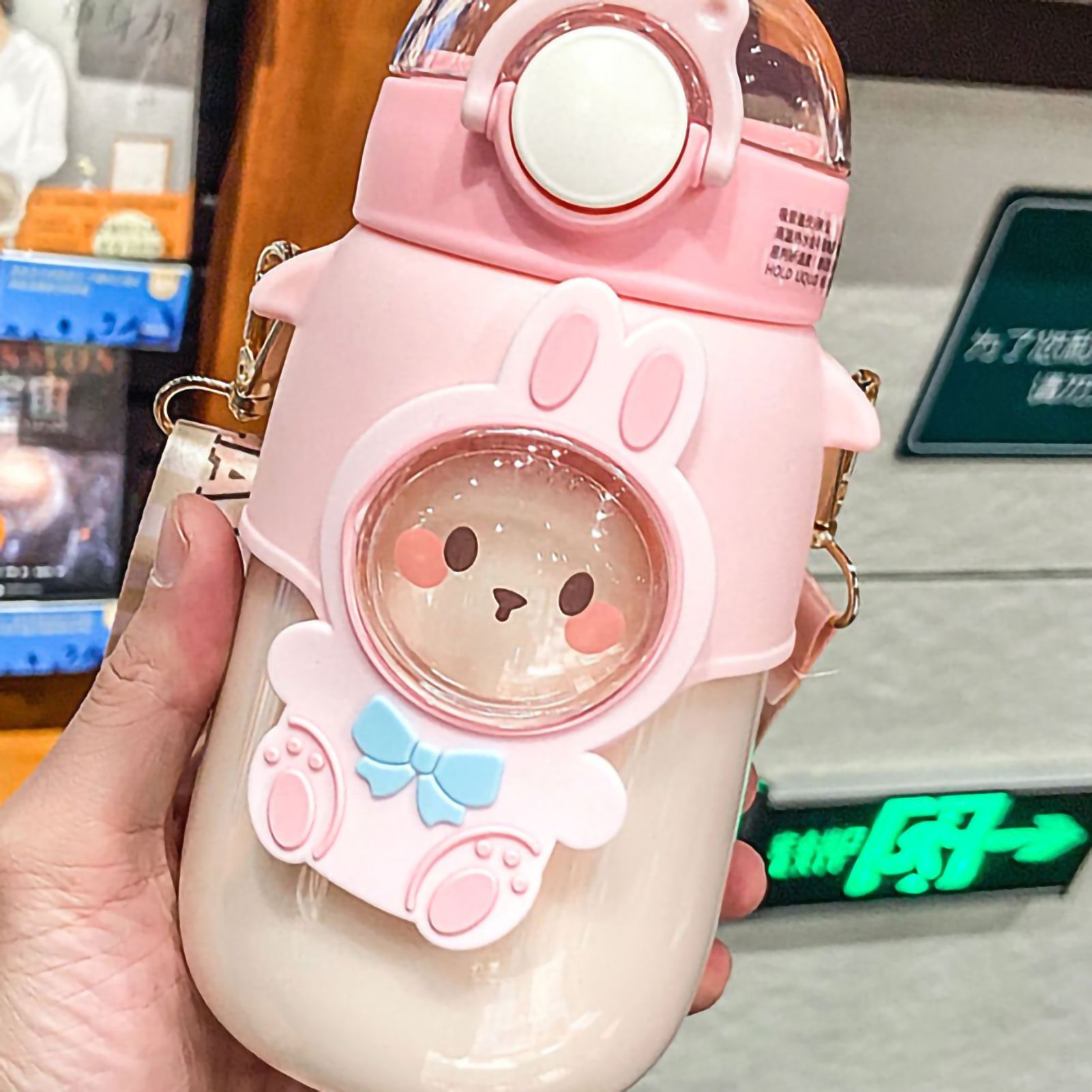 Soft Straw Drinking Cup Portable Plastic Sippy Cup Cartoon Pattern Water Bottle with Strap Pink - Image 4