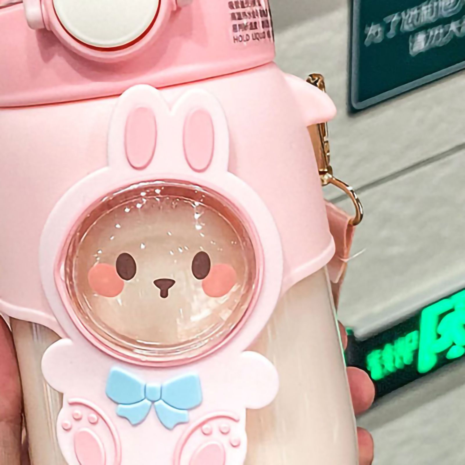 Soft Straw Drinking Cup Portable Plastic Sippy Cup Cartoon Pattern Water Bottle with Strap Pink - Image 5