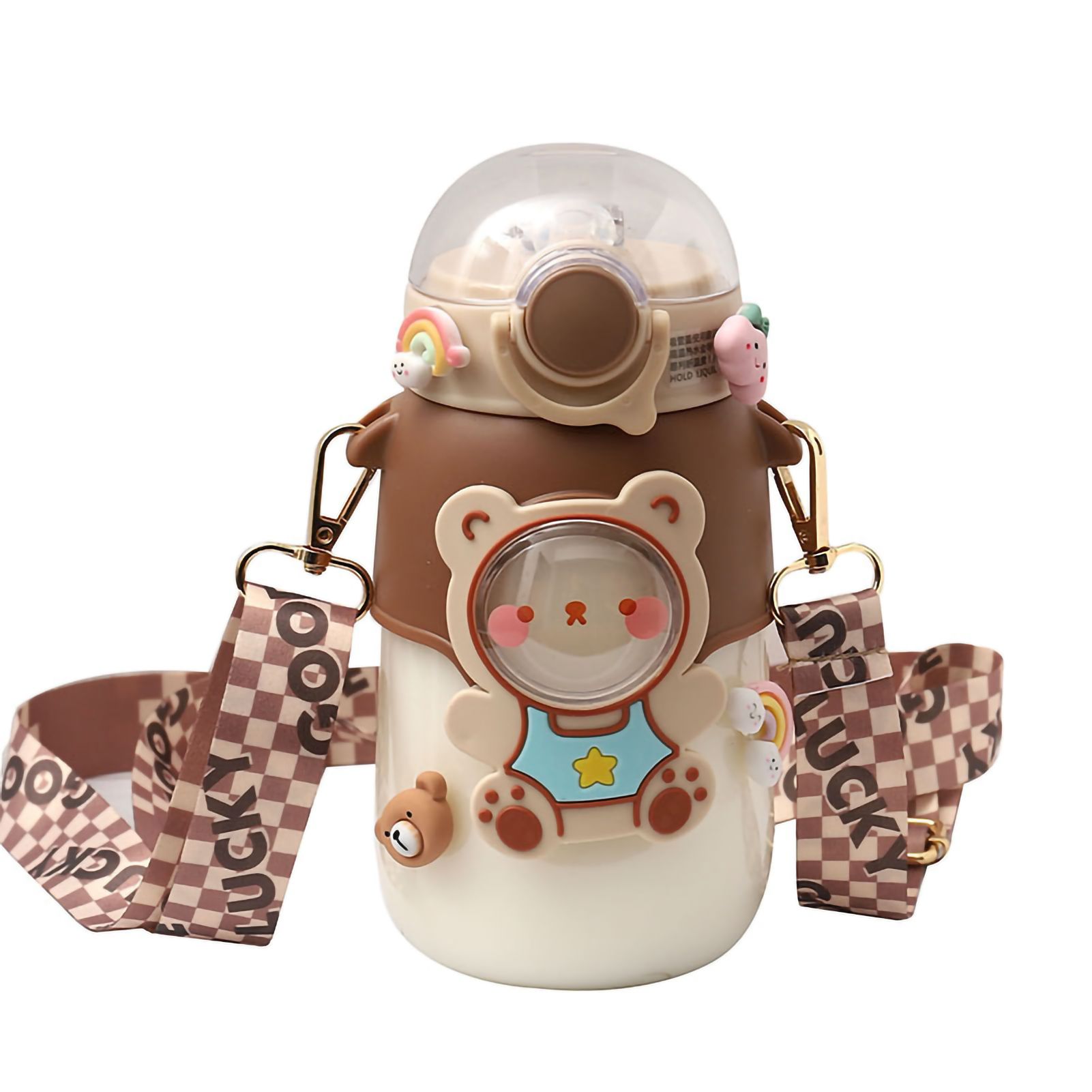 Soft Straw Drinking Cup Portable Plastic Sippy Cup Cartoon Pattern Water Bottle with Strap Brown - Image 1
