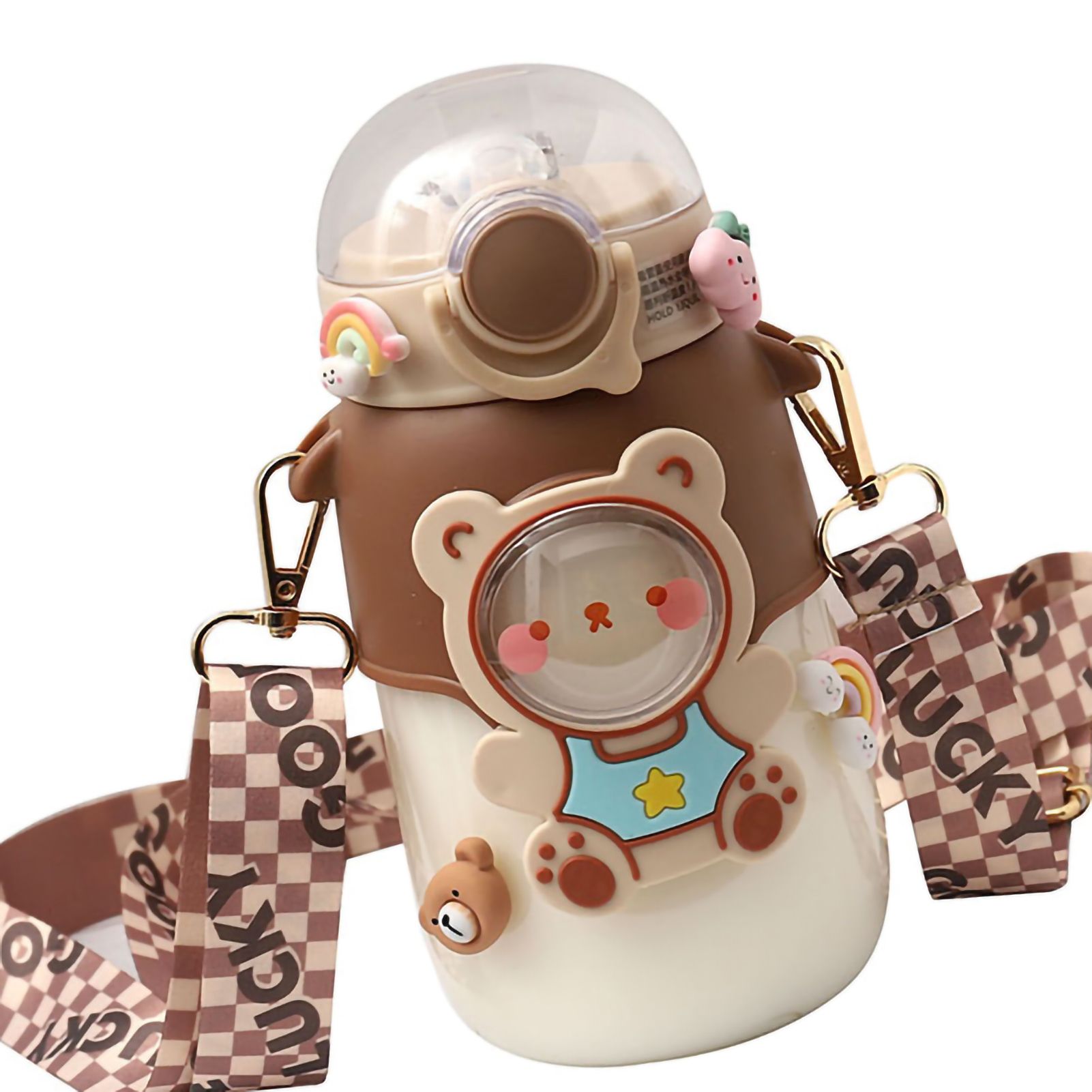 Soft Straw Drinking Cup Portable Plastic Sippy Cup Cartoon Pattern Water Bottle with Strap Brown - Image 2