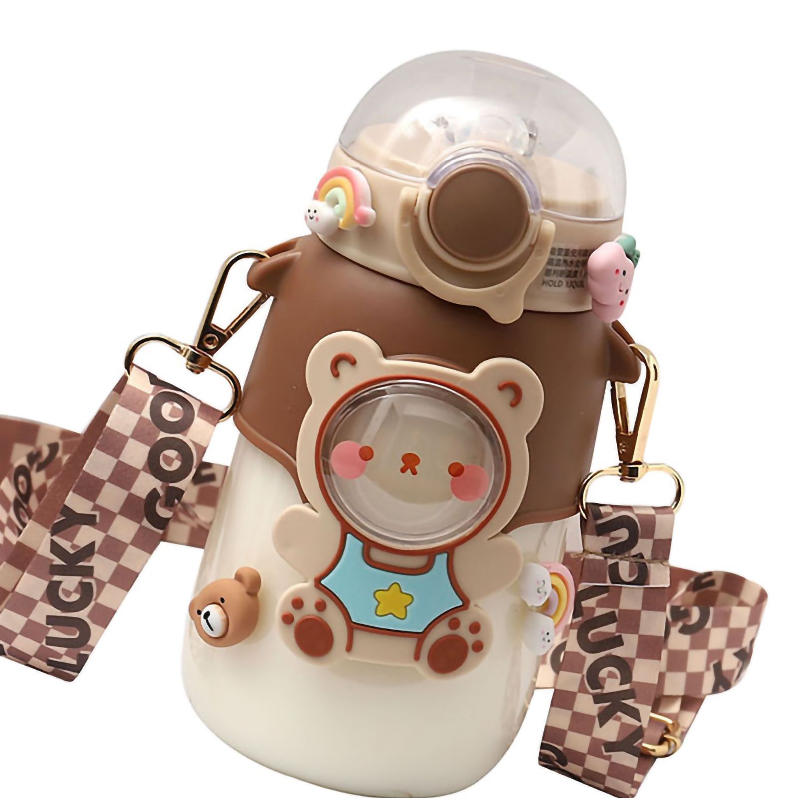 Soft Straw Drinking Cup Portable Plastic Sippy Cup Cartoon Pattern Water Bottle with Strap Brown - Image 3