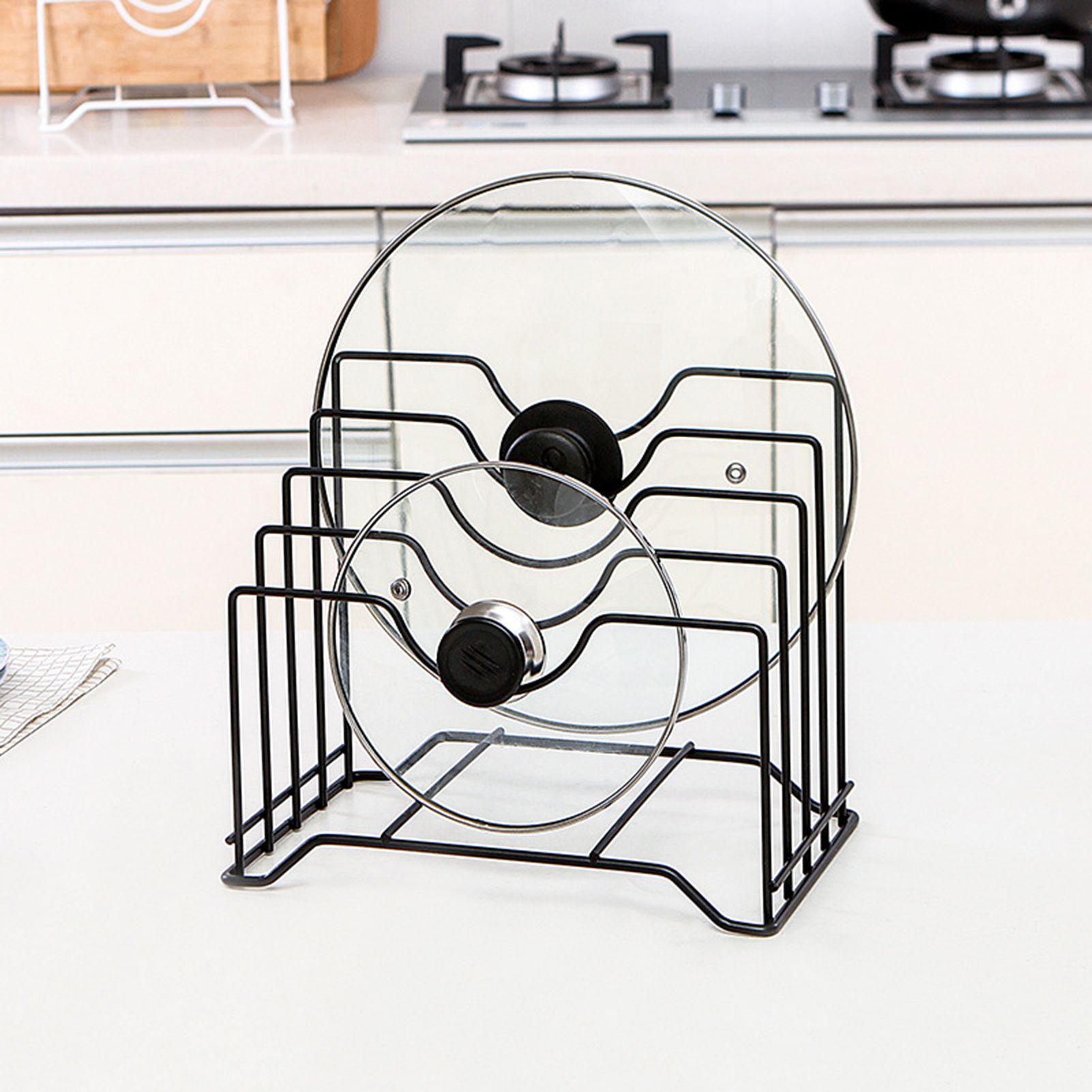 Chopping Board Storage Rack Iron 4 Slots Integrated Pot Lid Holder for Kitchen Countertop Black - Image 2