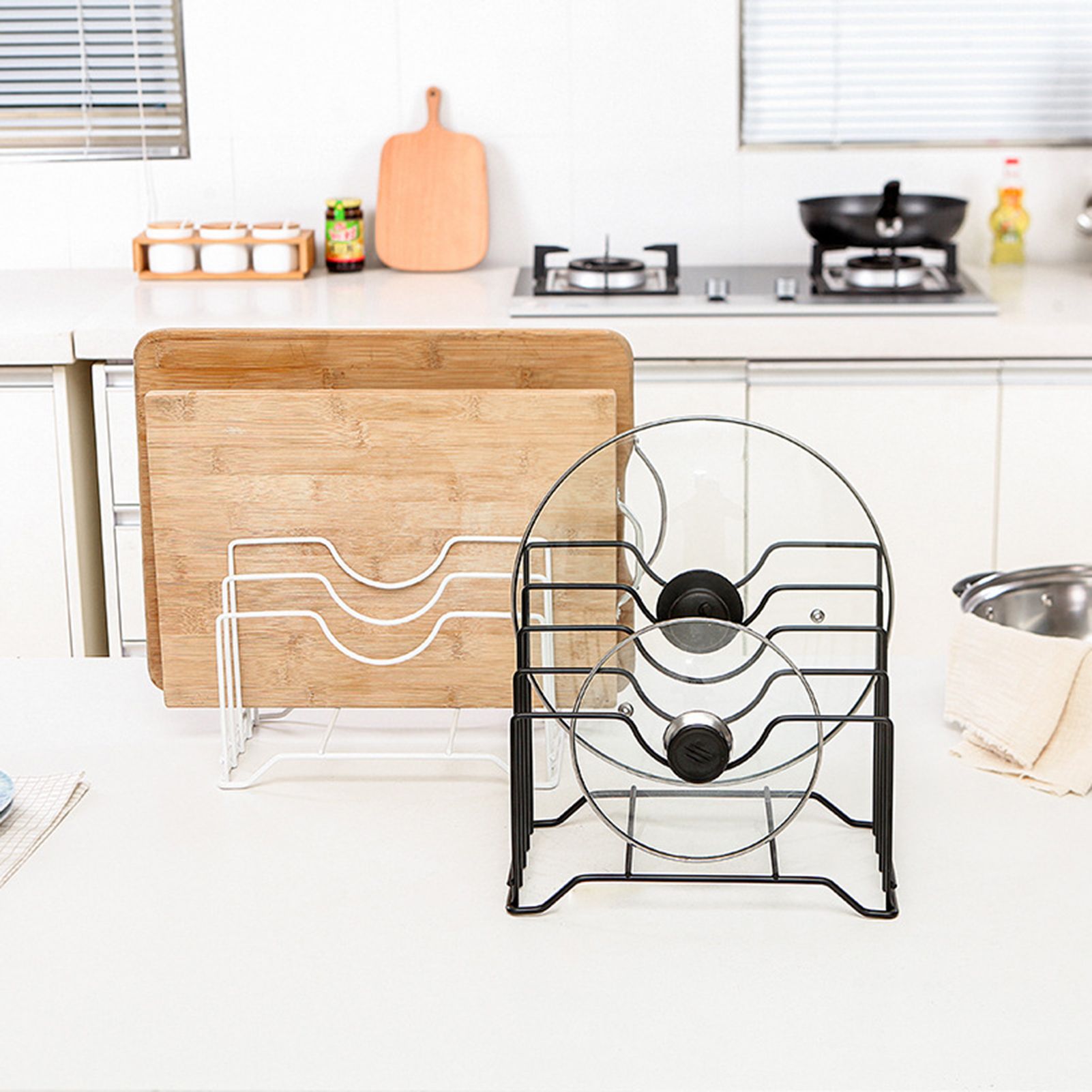 Chopping Board Storage Rack Iron 4 Slots Integrated Pot Lid Holder for Kitchen Countertop Black - Image 3