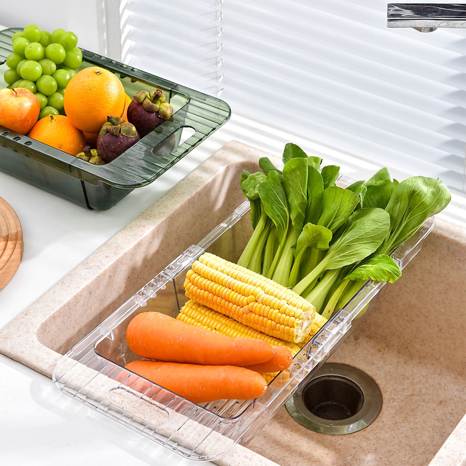 Over The Sink Strainer Retractable Design Transparent Fast Draining Durable PET Sink Colander Transparent Strainer with Retractable Design - Image 2