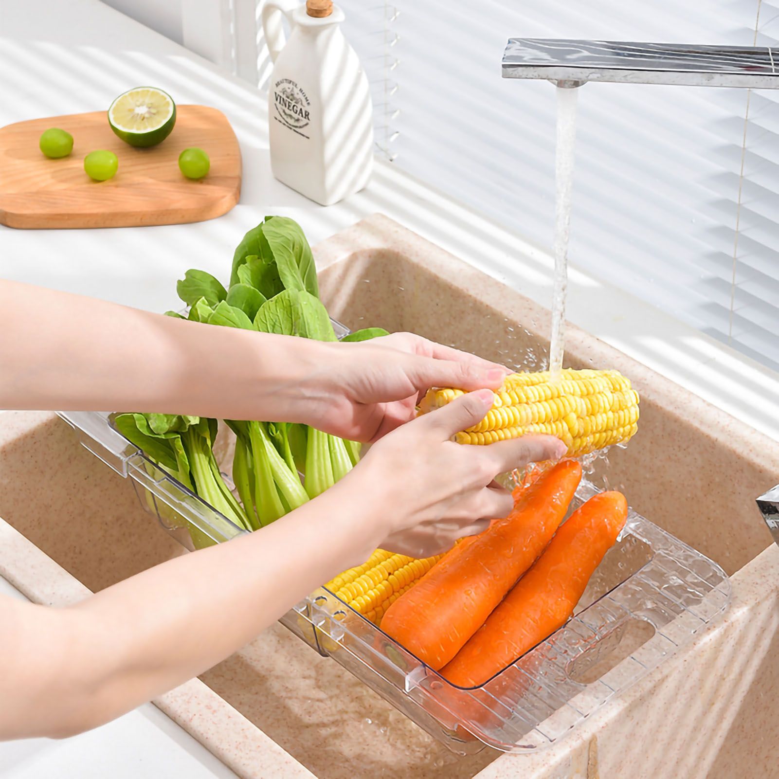 Over The Sink Strainer Retractable Design Transparent Fast Draining Durable PET Sink Colander Transparent Strainer with Retractable Design - Image 3