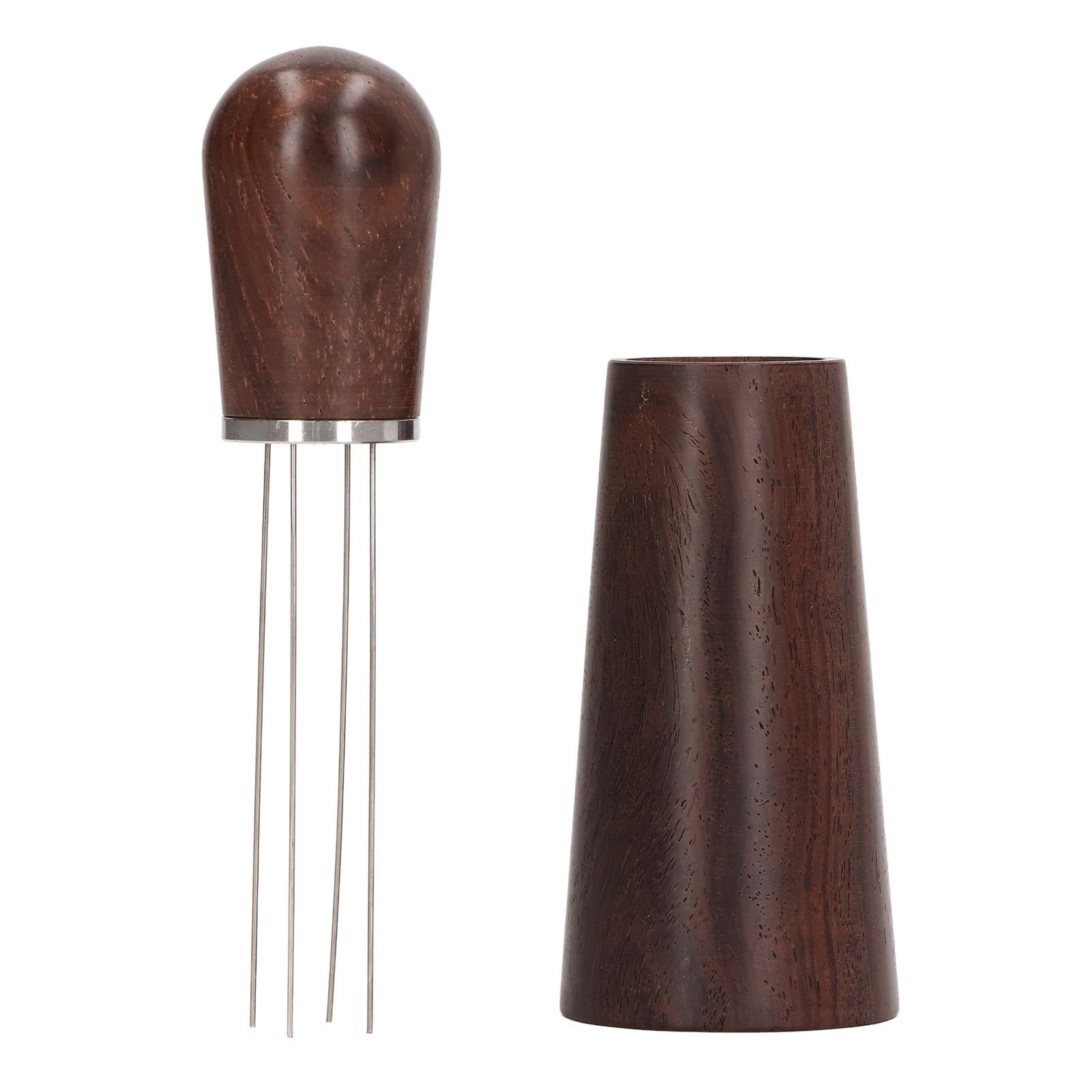Coffee Stirring Tool 4 Arc Pins Wooden Handle Coffee Needle Type Distributor Tool with Base for Home Dark Brown - Image 1