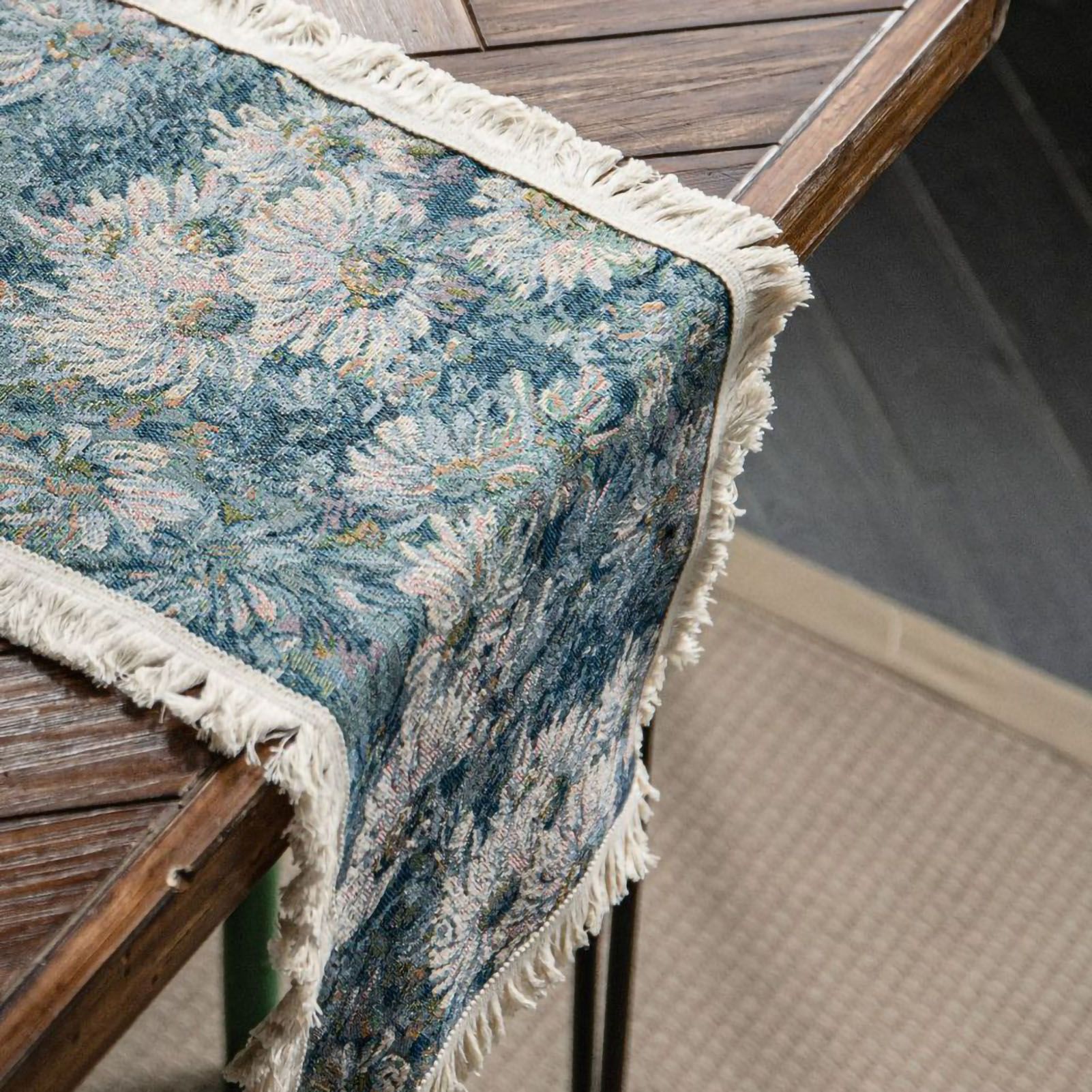 Jute Table Runner Jacquard Sunflower Pattern American Style with Tassels Table Runner Decoration for Party Blue Chrysanthemum 30x120cm/11.8x47.2in - Image 5
