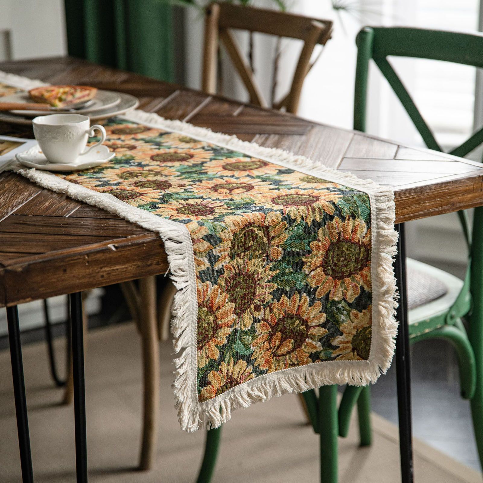 Jute Table Runner Jacquard Sunflower Pattern American Style with Tassels Table Runner Decoration for Party Yellow Sunflower 30x120cm/11.8x47.2in - Image 1