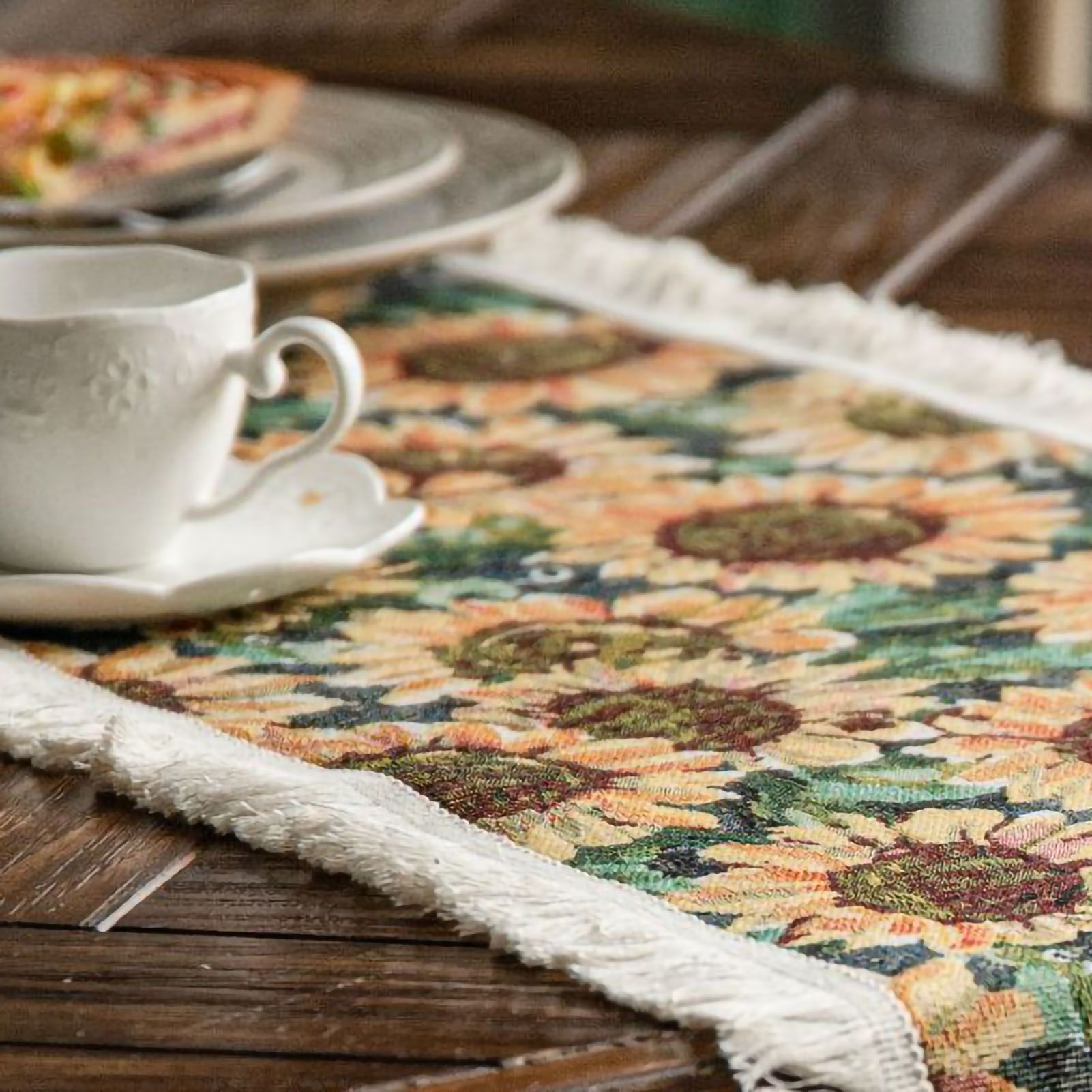 Jute Table Runner Jacquard Sunflower Pattern American Style with Tassels Table Runner Decoration for Party Yellow Sunflower 30x120cm/11.8x47.2in - Image 2