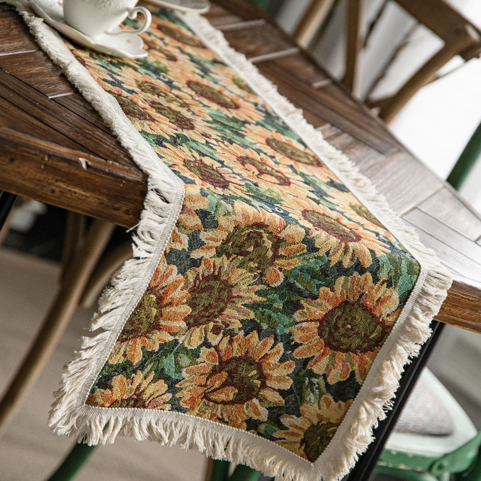 Jute Table Runner Jacquard Sunflower Pattern American Style with Tassels Table Runner Decoration for Party Yellow Sunflower 30x120cm/11.8x47.2in - Image 3