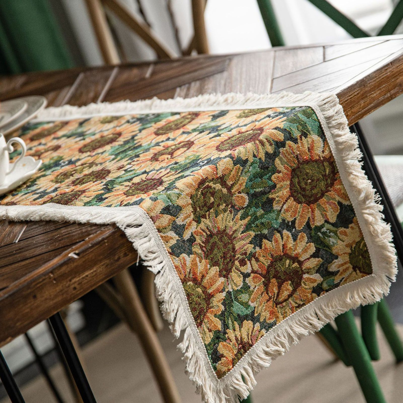 Jute Table Runner Jacquard Sunflower Pattern American Style with Tassels Table Runner Decoration for Party Yellow Sunflower 30x120cm/11.8x47.2in - Image 4