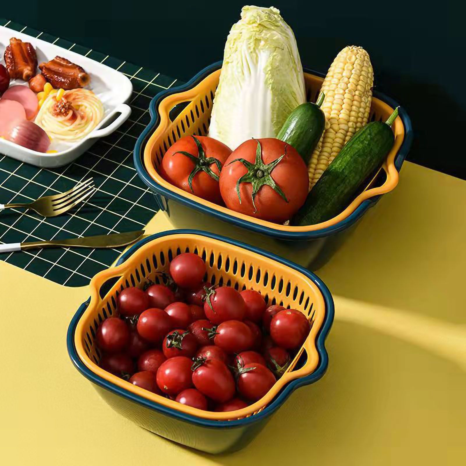 Drain Basket Double Layer Side Handle PP Rapid Draining Thickened Washing Basket for Kitchen Yellow and Blue - Image 2