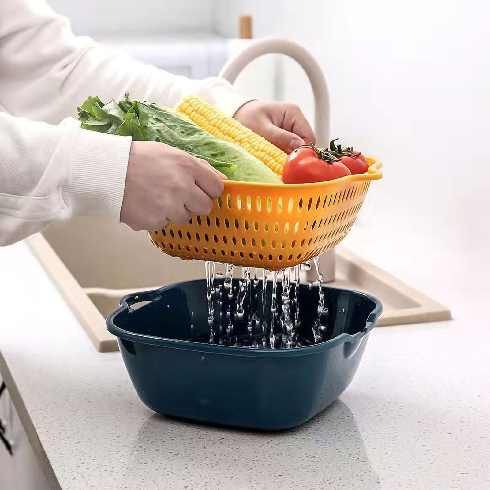 Drain Basket Double Layer Side Handle PP Rapid Draining Thickened Washing Basket for Kitchen Yellow and Blue - Image 3