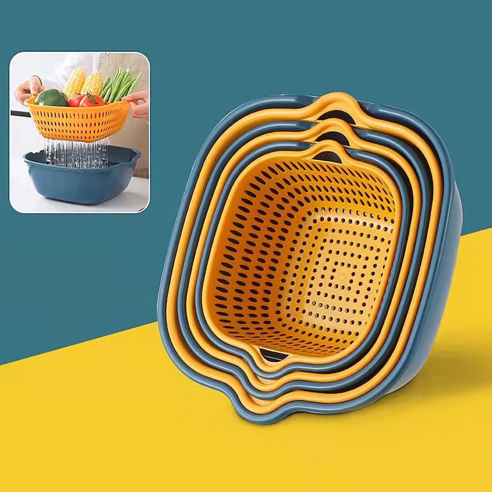 Drain Basket Double Layer Side Handle PP Rapid Draining Thickened Washing Basket for Kitchen Yellow and Blue - Image 8