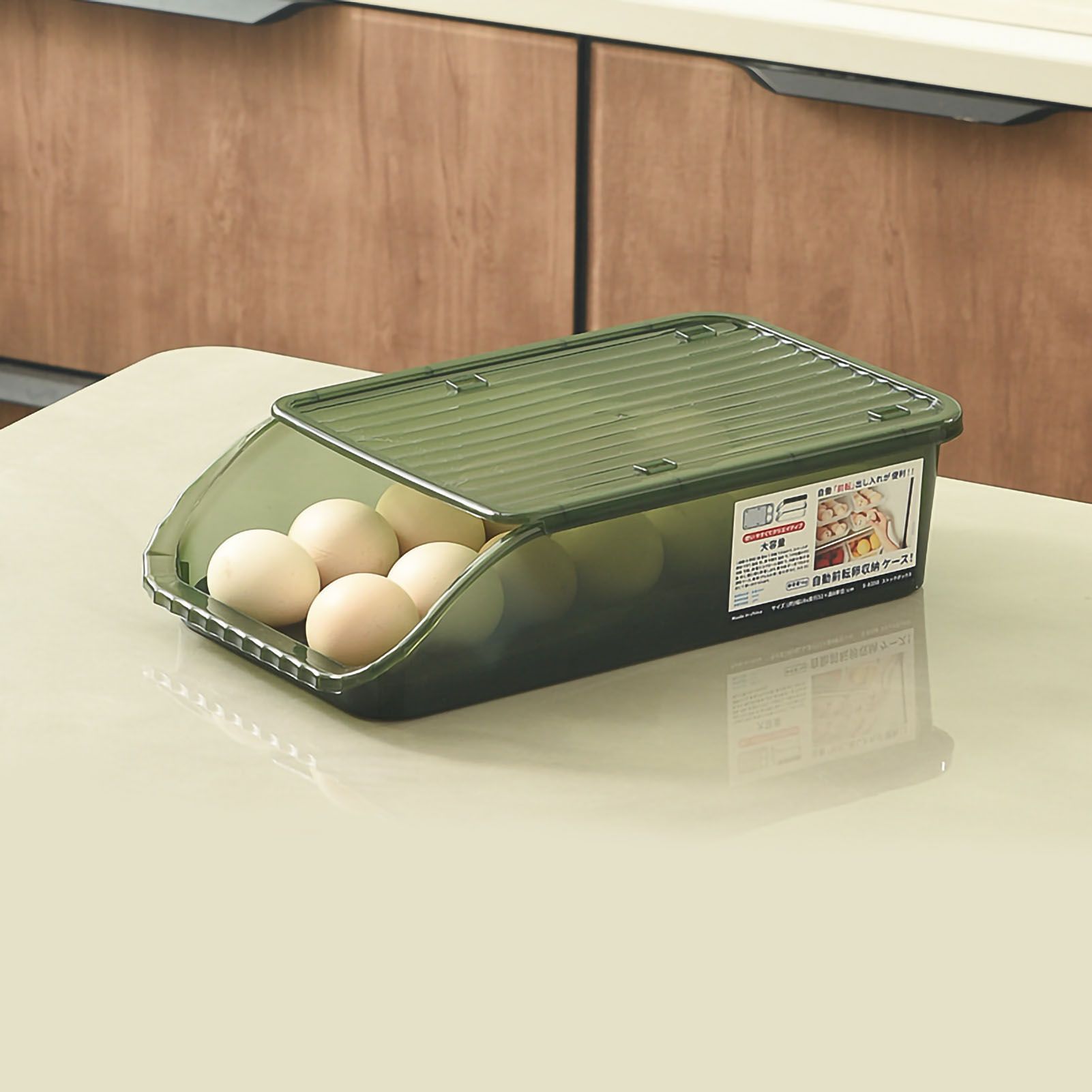 Egg Storage Box Plastic Automatic Rolling Transparent Thickened Grooved Egg Storage Container for Refrigerator Kitchen Green - Image 1