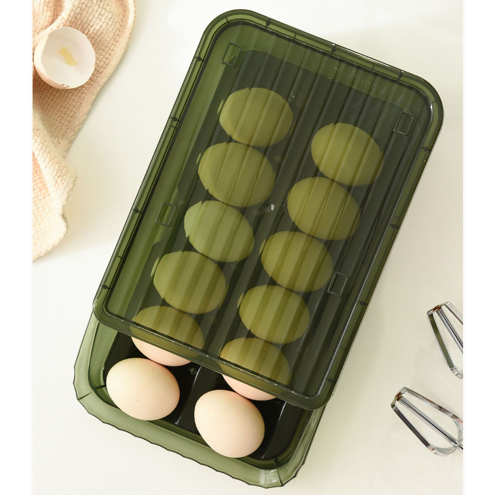 Egg Storage Box Plastic Automatic Rolling Transparent Thickened Grooved Egg Storage Container for Refrigerator Kitchen Green - Image 5