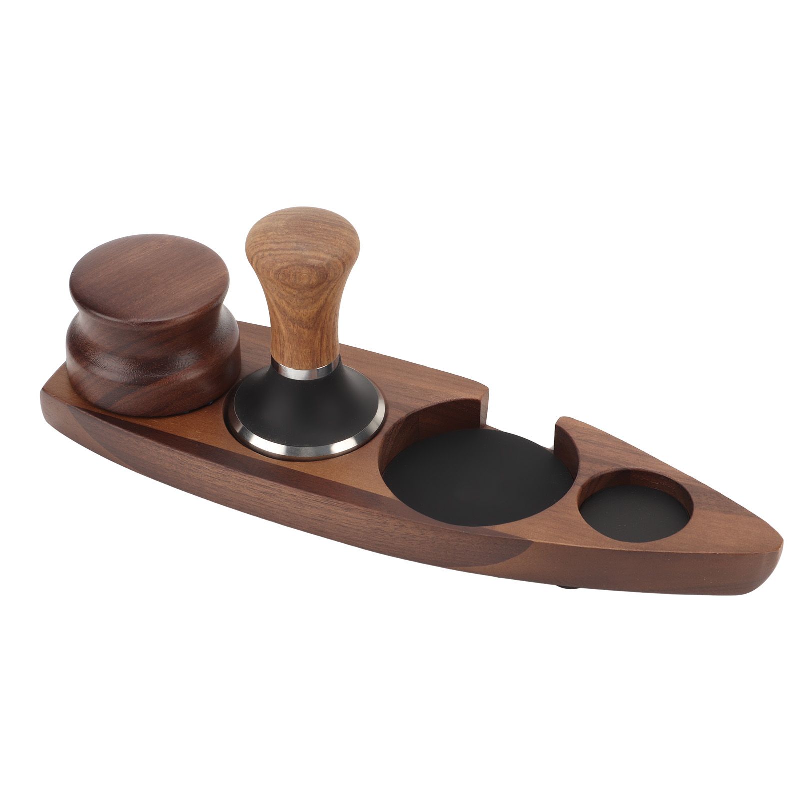 3pcs Coffee Tamper Holder Walnut Wood Rubber Stainless Steel Boat Shaped Distributor Rack Coffee Accessories For 51/53mm Base 51mm Tamper 51mm Distributor - Image 5