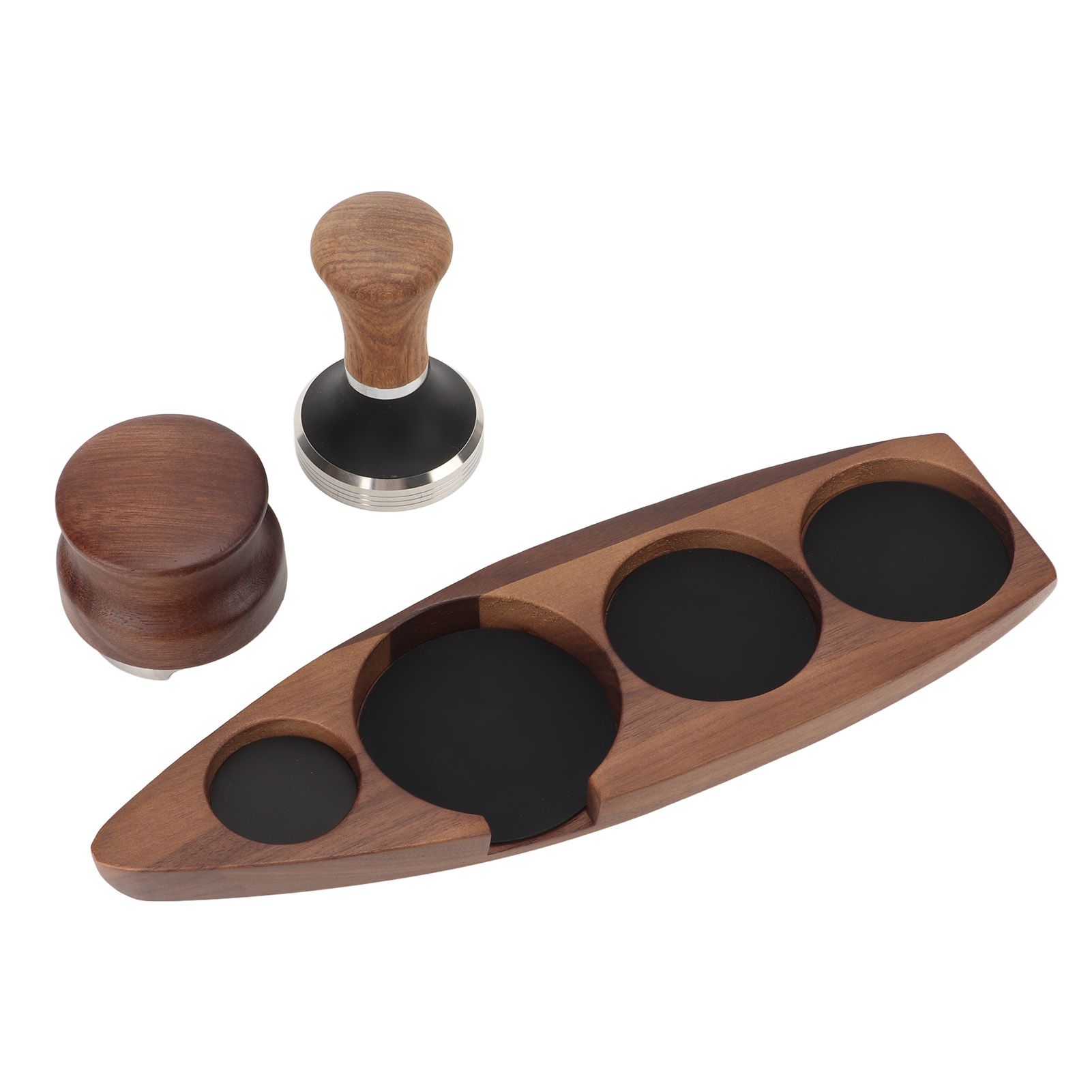 3pcs Coffee Tamper Holder Walnut Wood Rubber Stainless Steel Boat Shaped Distributor Rack Coffee Accessories For 51/53mm Base 51mm Tamper 51mm Distributor - Image 6