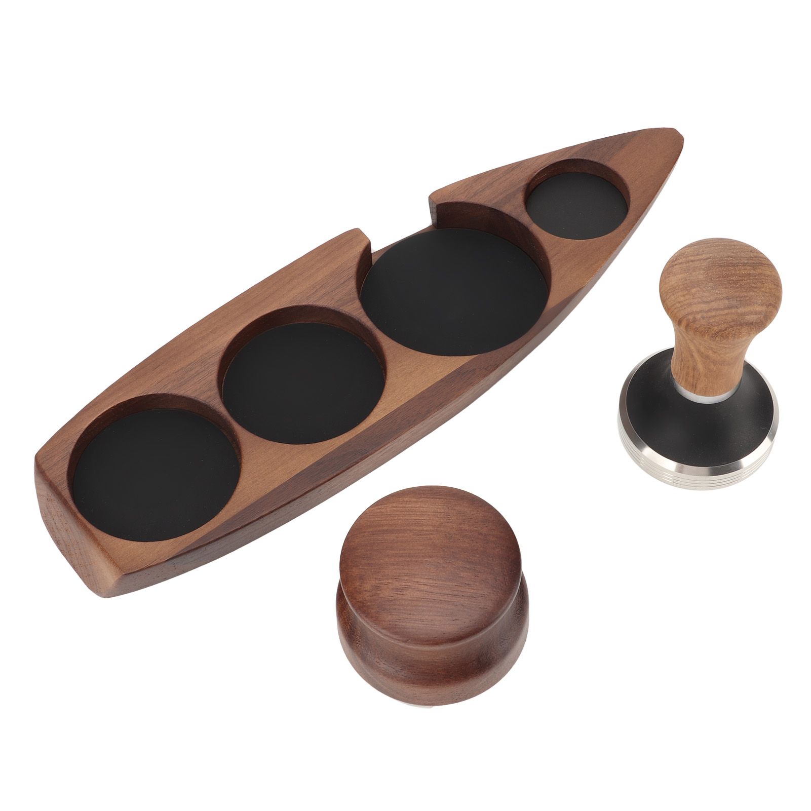 3pcs Coffee Tamper Holder Walnut Wood Rubber Stainless Steel Boat Shaped Distributor Rack Coffee Accessories For 51/53mm Base 53mm Tamper 53mm Distributor - Image 3