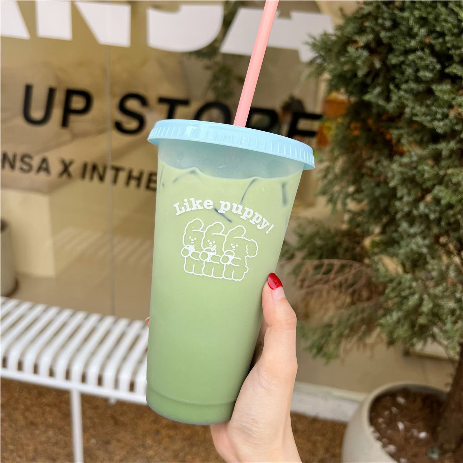 Plastic Coffee Cup Large Capacity Cute Water Cup With Straw Lid for Summer Cold Drinking Three Bears 700ml - Image 1