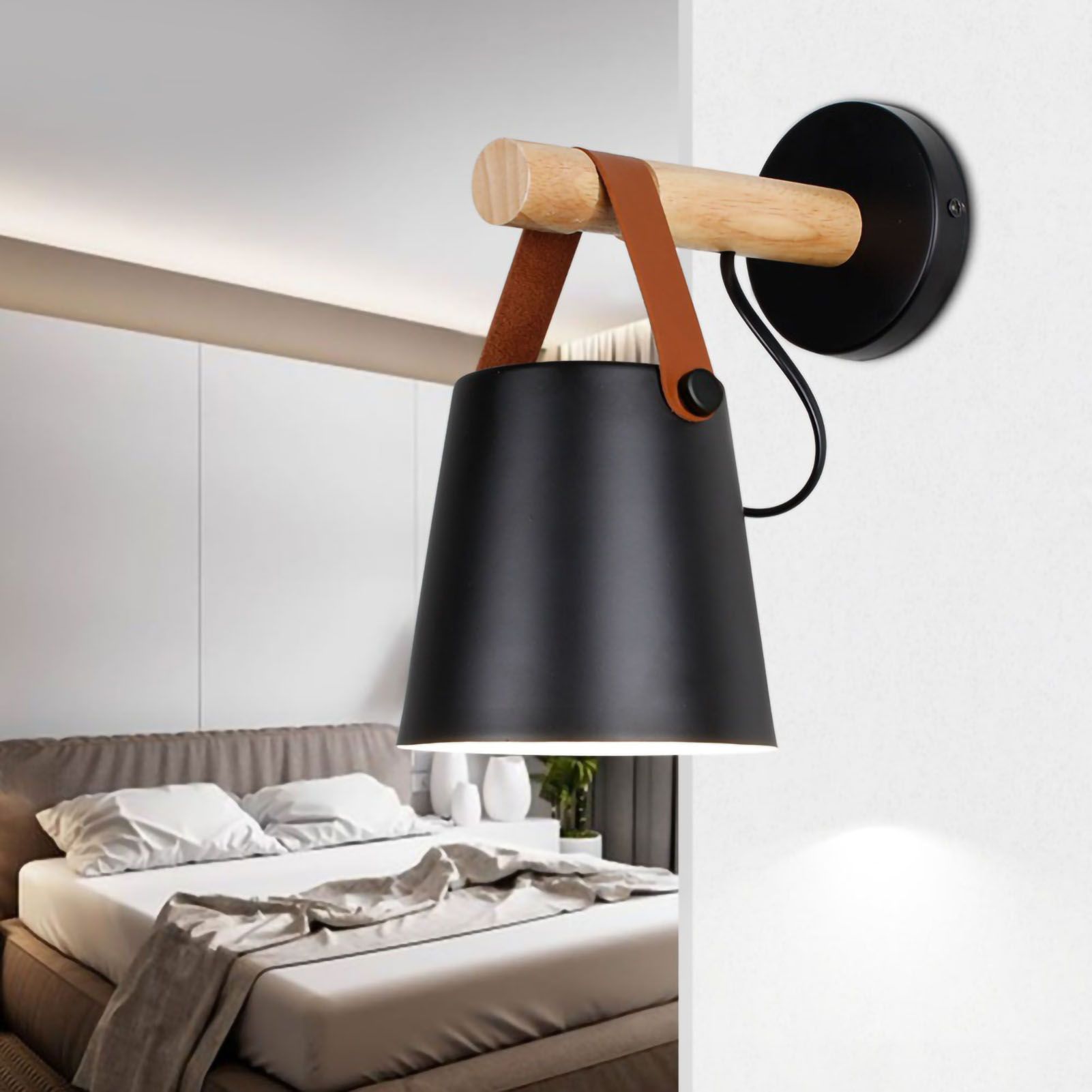 Wall Light Wood Modern Simple Style Night Lamp Home Decoration for Corridor Bedside Black - Image 5