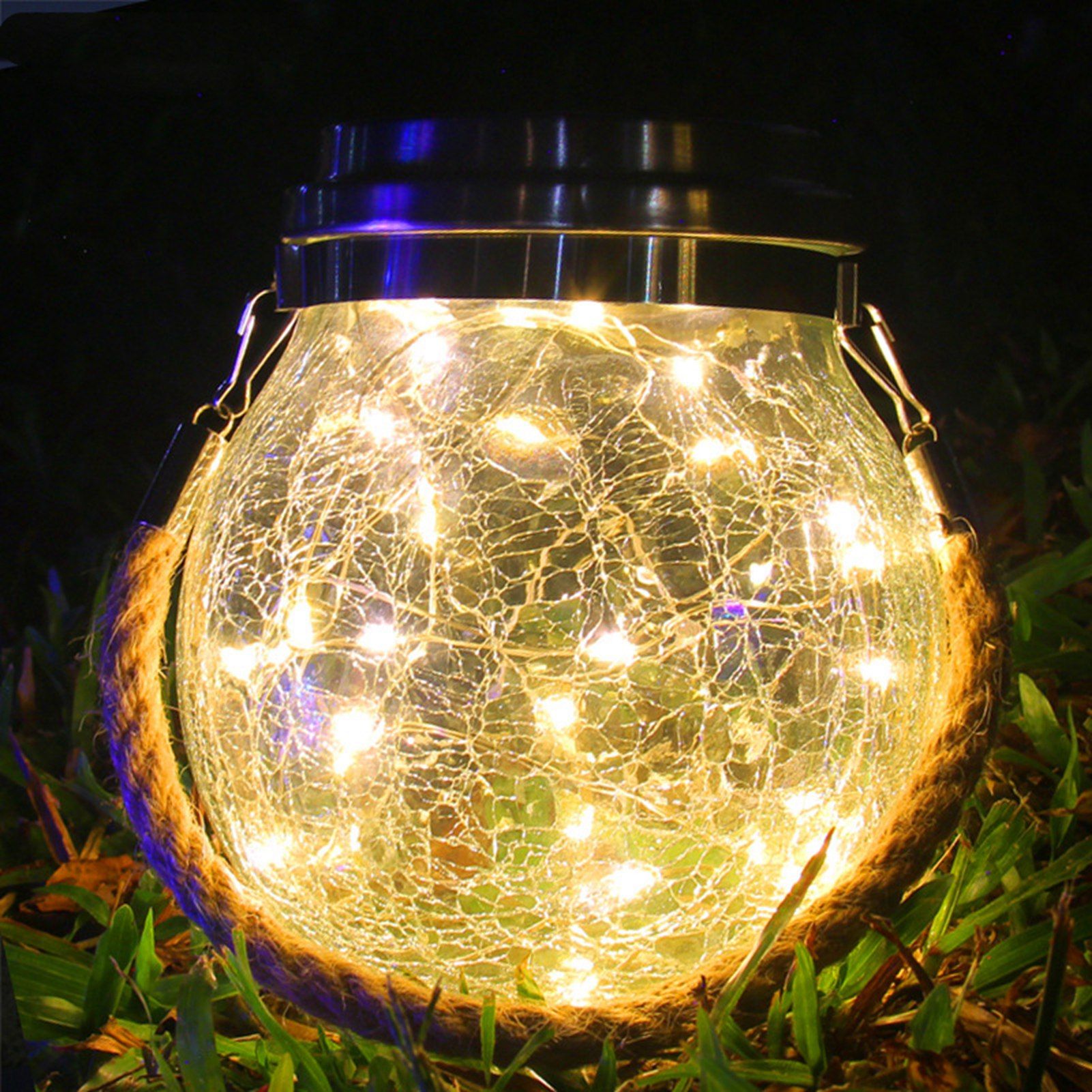 Cracked Glass Solar Lantern 30 LEDs Waterproof Outdoor Solar Hanging Jar Light for Patio Courtyard Festival Warm White - Image 6