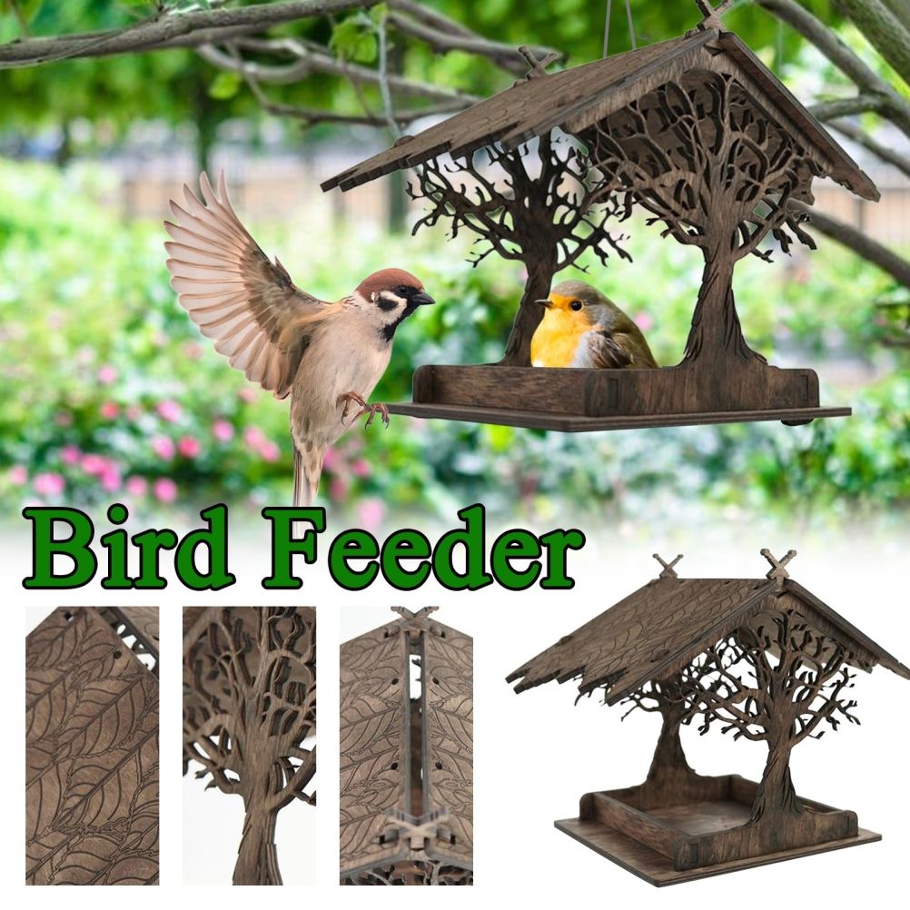 Wooden Bird Feeder Hanging Seed Container Tray for Wild Birds Home Garden Yard Tree Decoration - Image 3