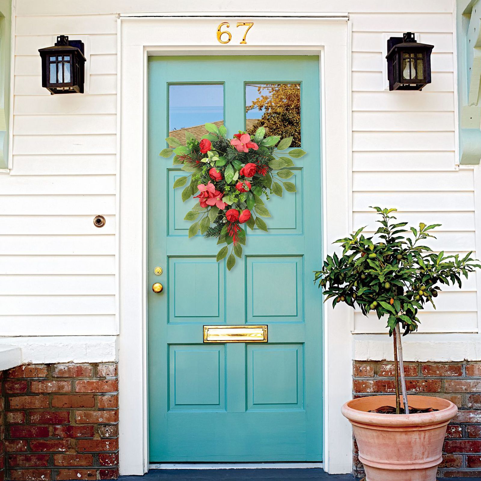Red Tea Bud Hydrangea Upside down Tree PVC Green Plant Door Hanging Home Decoration - Image 3