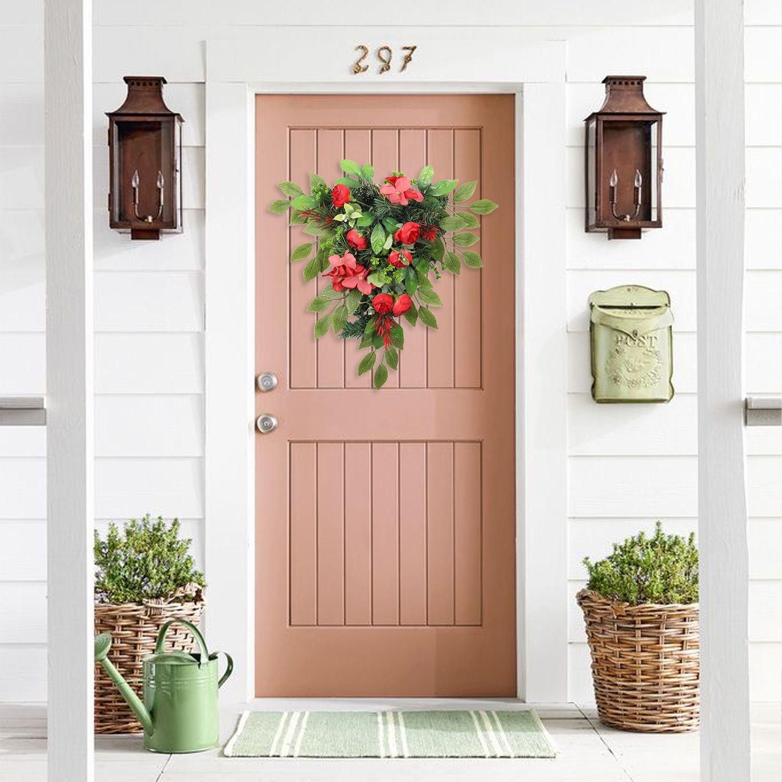 Red Tea Bud Hydrangea Upside down Tree PVC Green Plant Door Hanging Home Decoration - Image 6