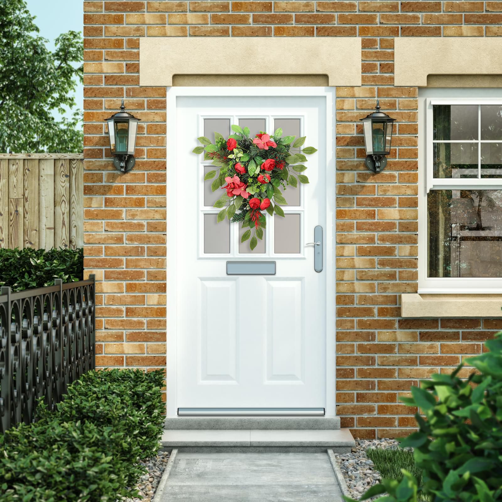 Red Tea Bud Hydrangea Upside down Tree PVC Green Plant Door Hanging Home Decoration - Image 8