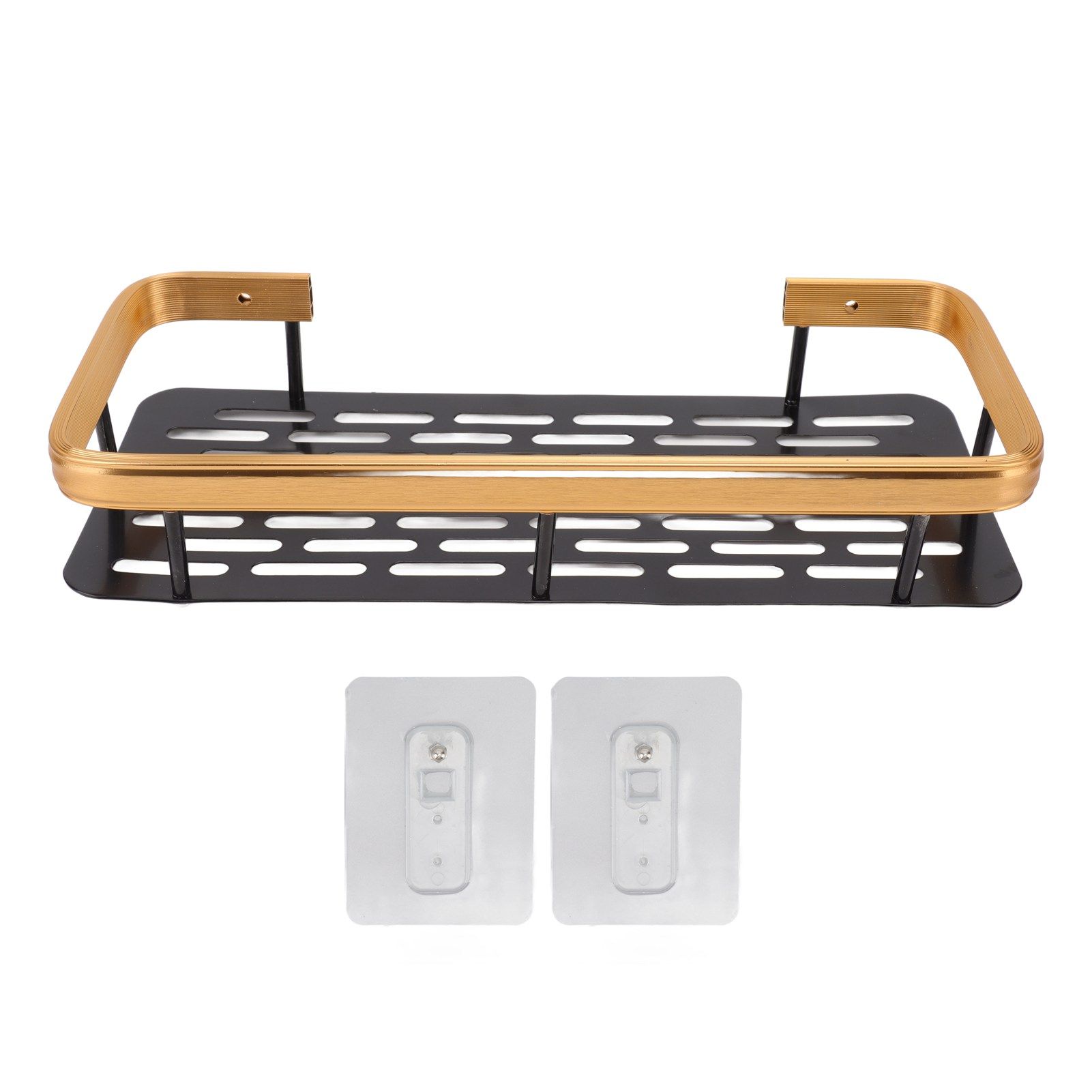 Shower Caddy Single Tier Durable Aluminium Rustproof Sticker Installation Shower Shelf for Bathroom Bedroom Kitchen Black Gold - Image 1