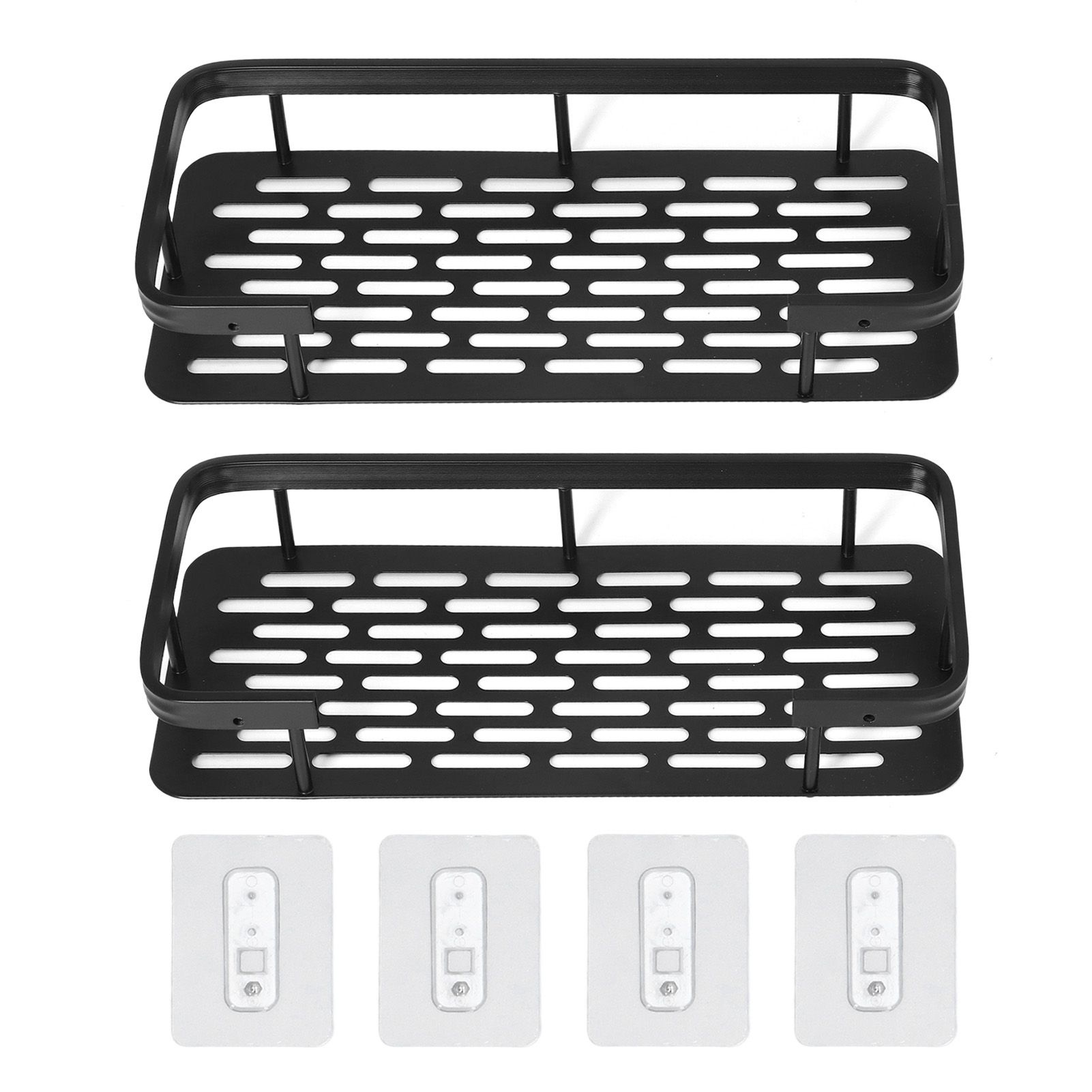 Shower Caddy Double Layer Rectangle Shape Space Saving Aluminum Punching Free Installation Bathroom Supplies for Home Black - Image 1