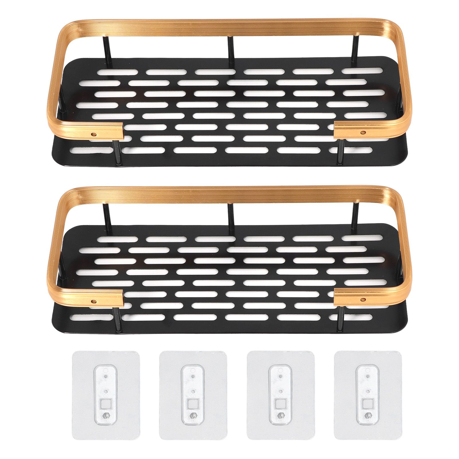 Shower Caddy Double Layer Rectangle Shape Space Saving Aluminum Punching Free Installation Bathroom Supplies for Home Black Gold - Image 1