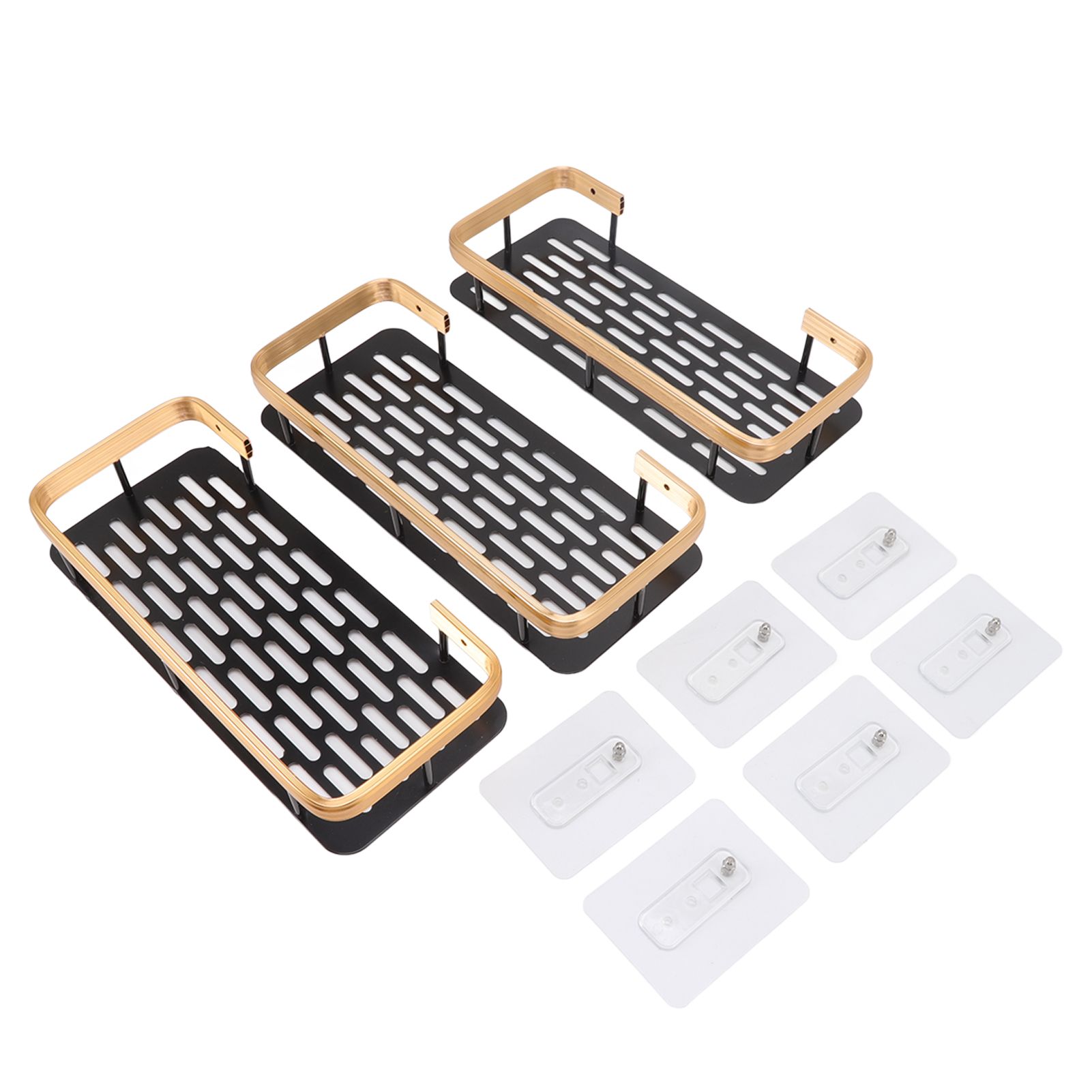 Shower Storage Rack 3 Layers Punch Free Rectangle Aluminum Shower Shelf Basket for Home Bathroom Black Gold - Image 1