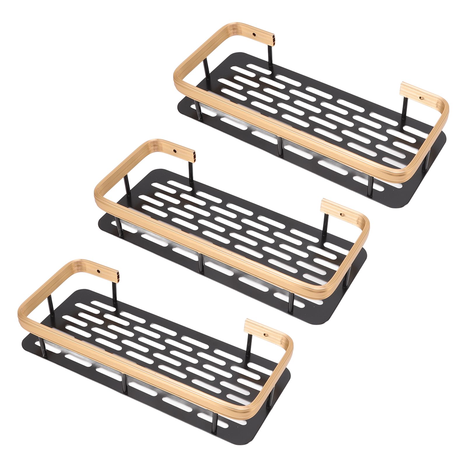 Shower Storage Rack 3 Layers Punch Free Rectangle Aluminum Shower Shelf Basket for Home Bathroom Black Gold - Image 3