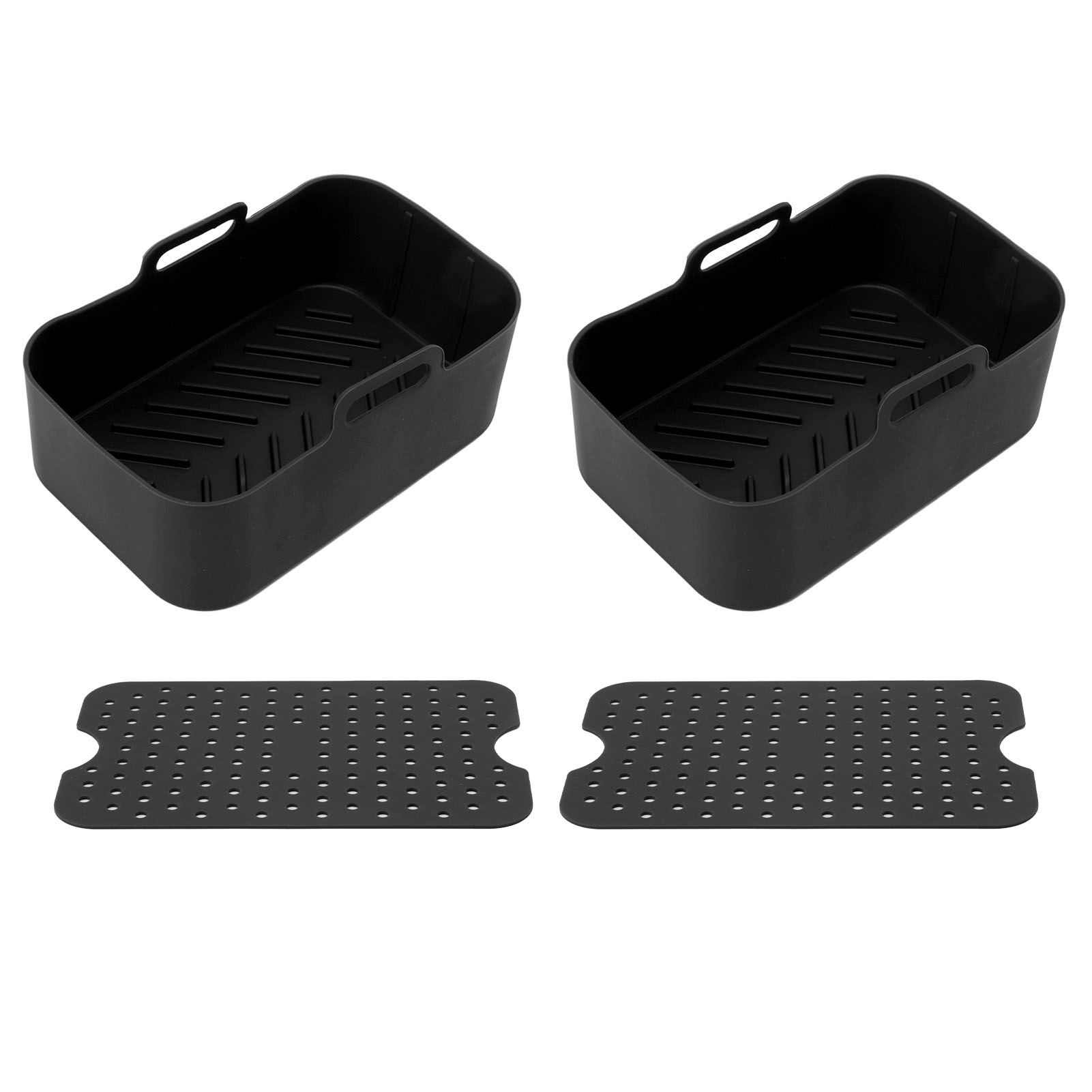 2 Sets Kitchen Fryer Silicone Basket and Mat Reusable Non Stick Rectangular Air Oven Accessories for Ninja DZ201 Foodi 8QT Black - Image 1