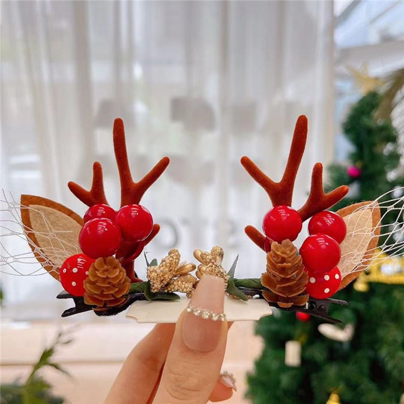 Christmas Antler Hair Clips Cute Exquisite Plush Reindeer Hair Barrettes for Christmas Parties Birthday Parties Cosplay 11# White Net Pine Cone Khaki Antlers - Image 1