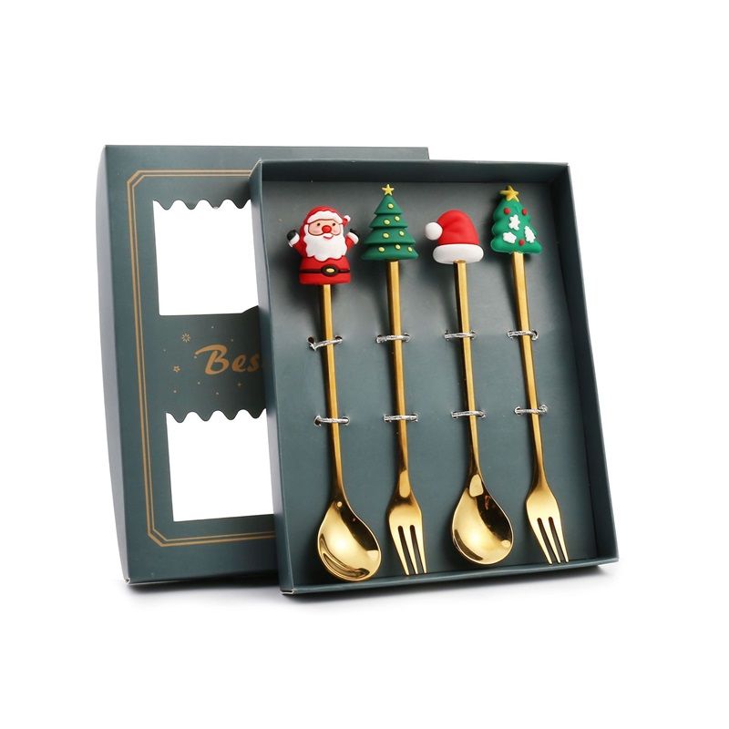4PCS Christmas Spoon Fork Set Stainless Steel Santa Christmas Tree Shaped Decor Tableware for Home Dinner with Green Box - Image 1