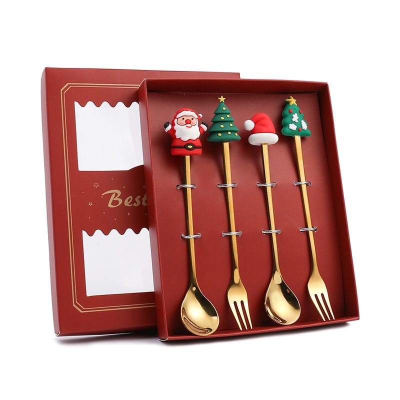 4PCS Christmas Spoon Fork Set Stainless Steel Santa Christmas Tree Shaped Decor Tableware for Home Dinner with Red Box - Image 1