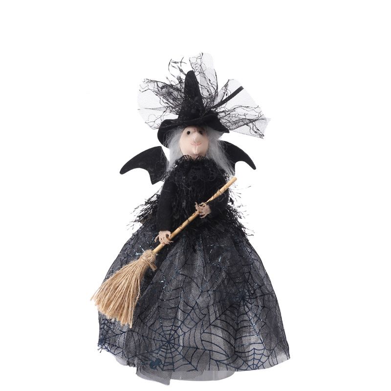 Halloween Decoration Witch Doll Dressed in Gauzy Skirt with Besom Desktop Decor Ornaments for Party Props Black - Image 1