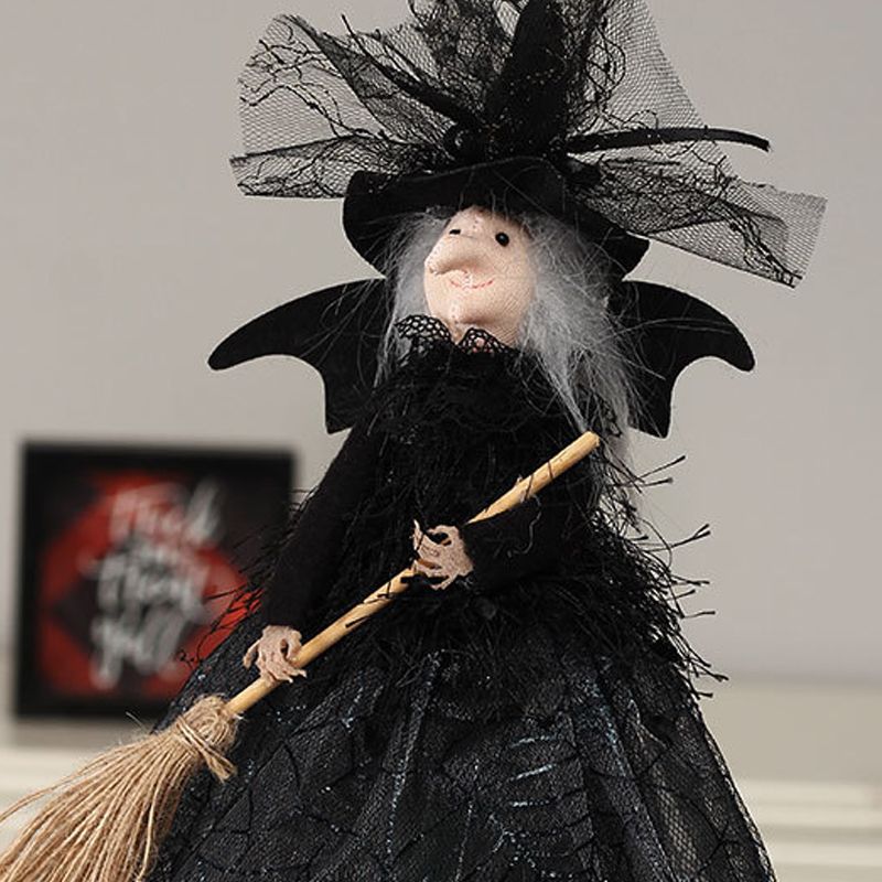 Halloween Decoration Witch Doll Dressed in Gauzy Skirt with Besom Desktop Decor Ornaments for Party Props Black - Image 3